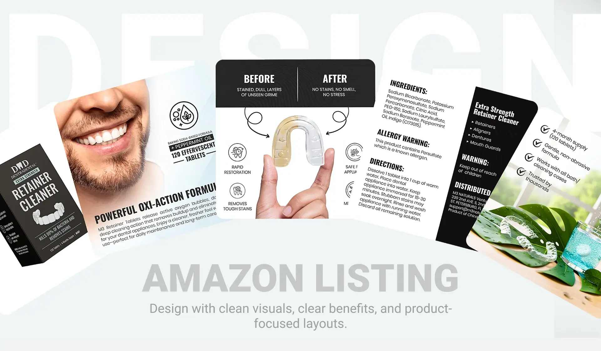 DentraDental retainer cleaner Amazon listing title frame with the black pack held in hand