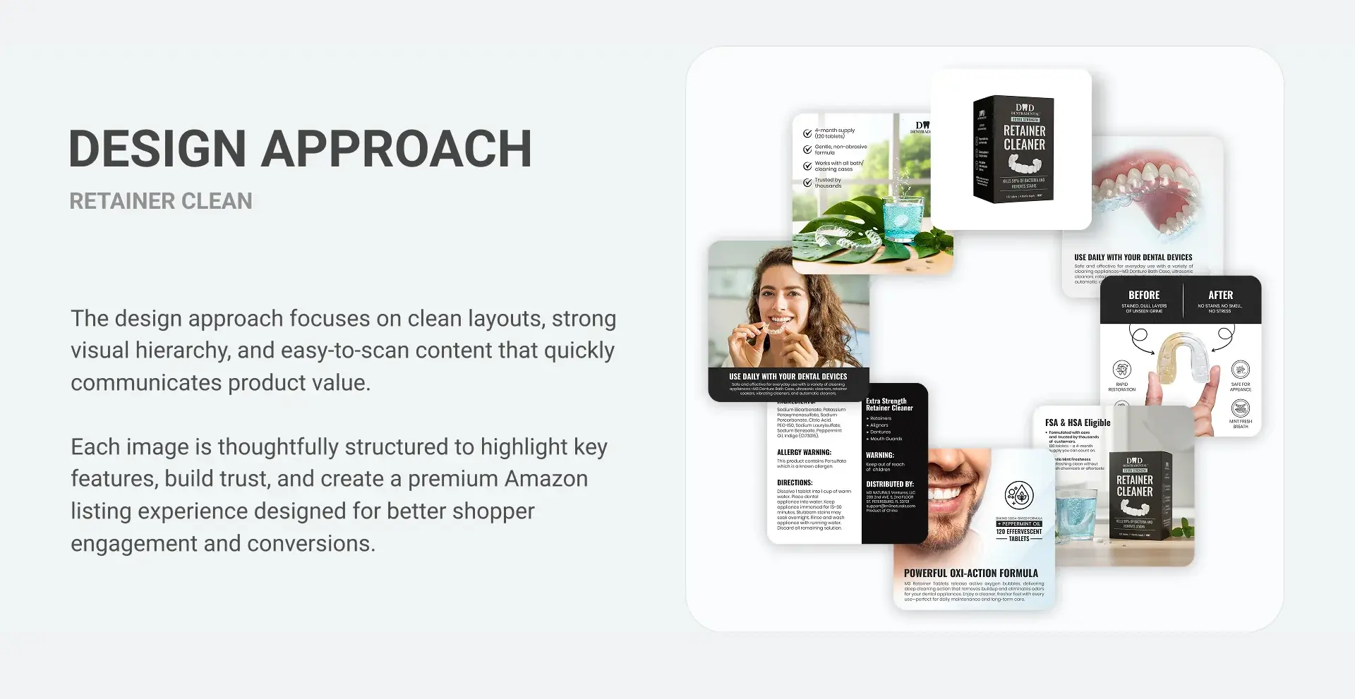 Design approach slide for the DentraDental listing: clean layouts, strong visual hierarchy and scannable content