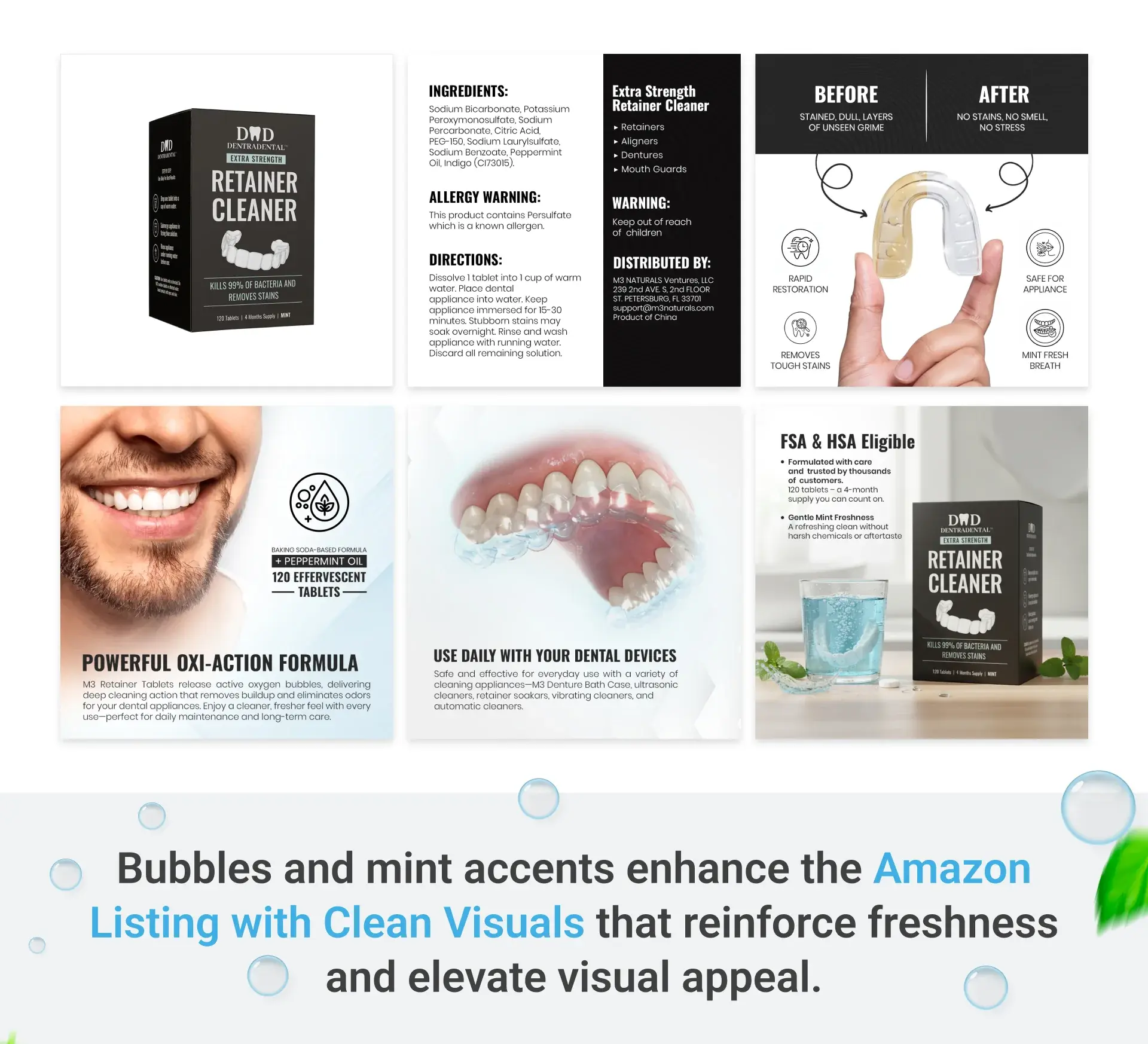Overview of the DentraDental listing images with bubbles and mint accents that reinforce freshness
