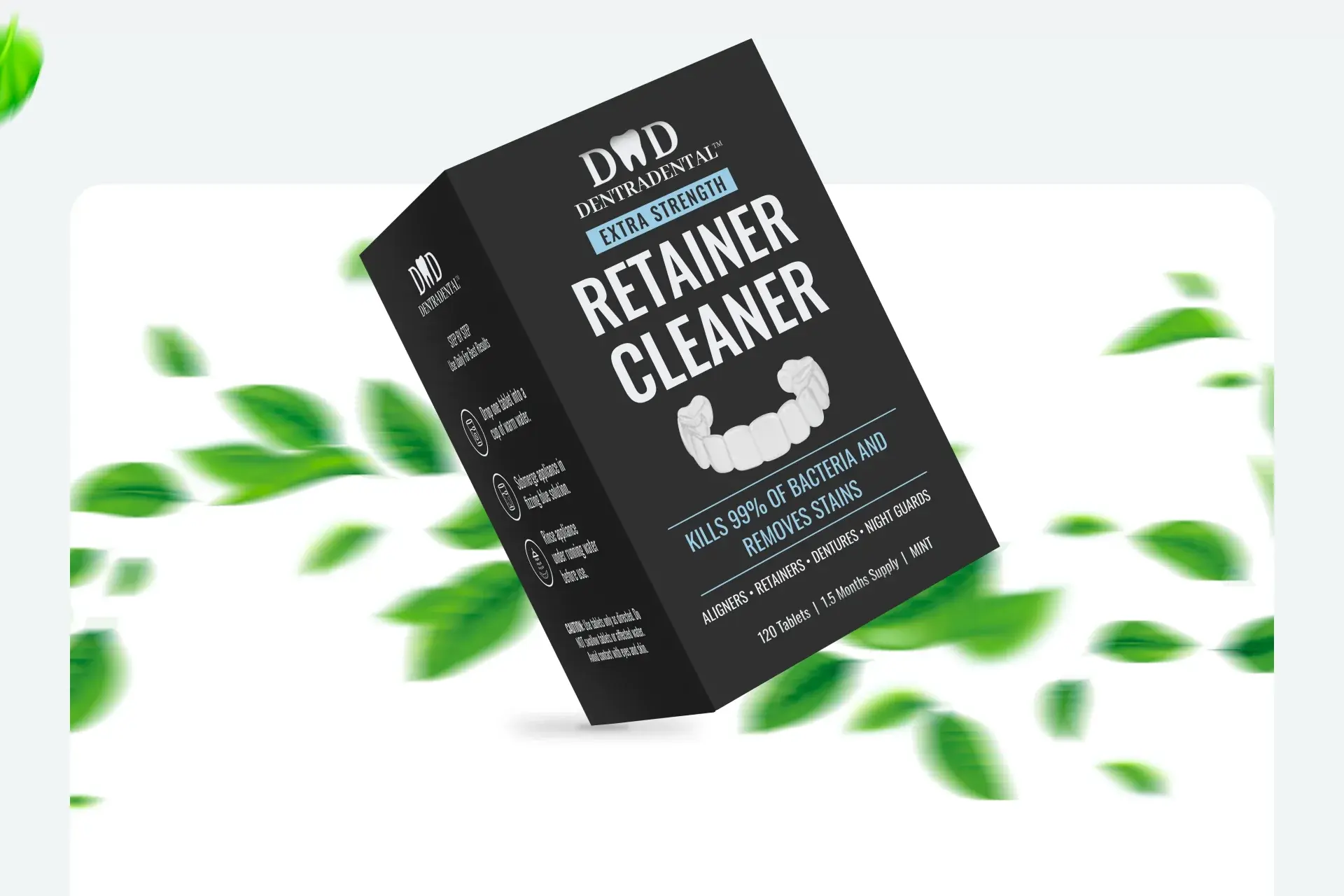 DentraDental retainer cleaner pack among flying mint leaves on a white background
