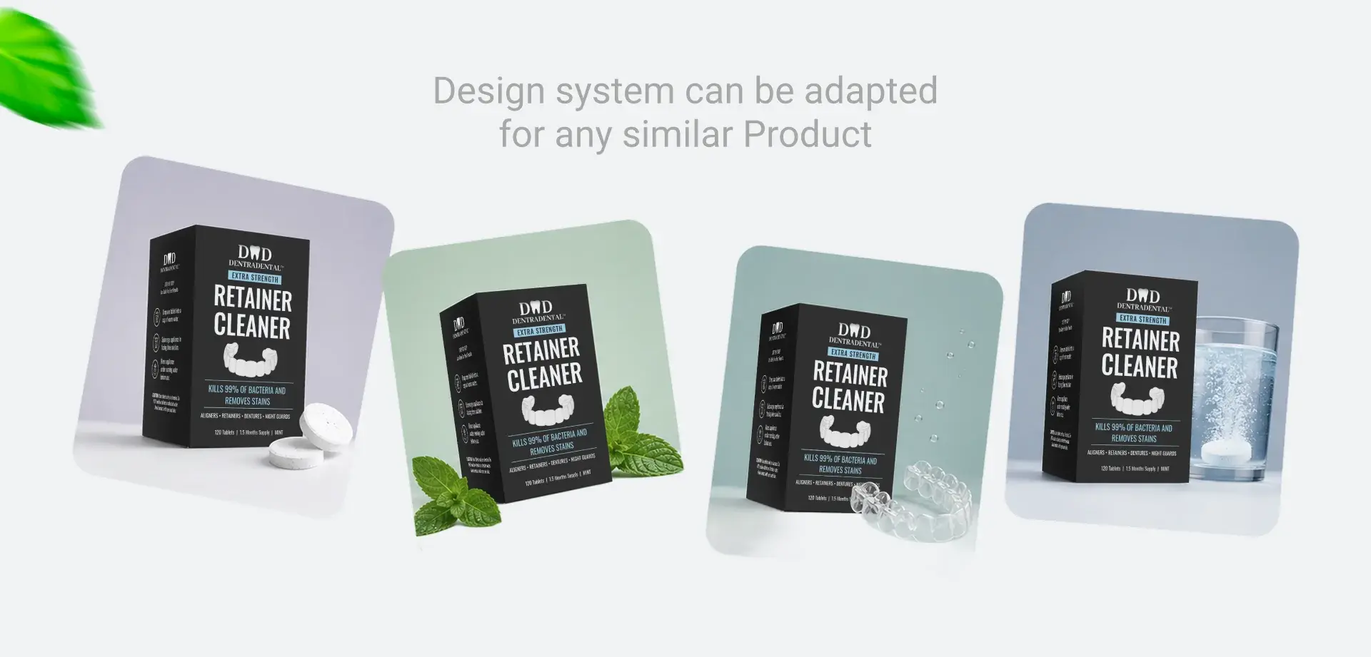 The DentraDental design system adapted across four product colour variants