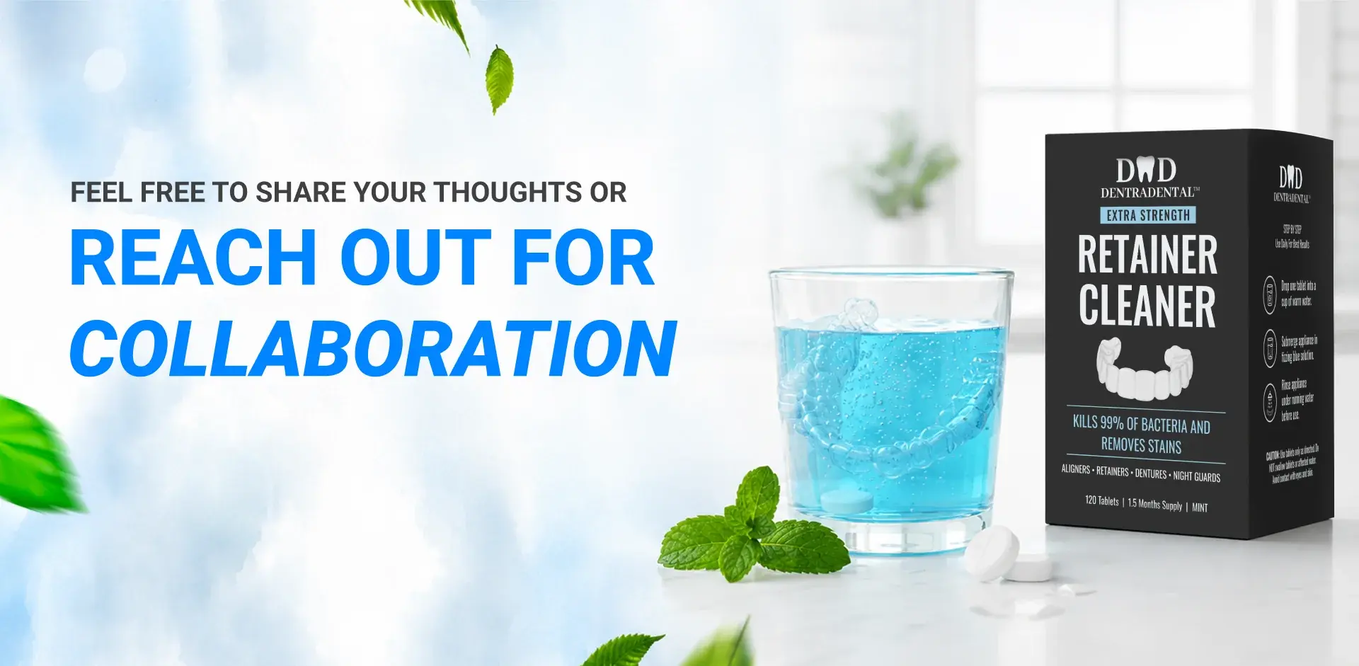 Closing frame inviting collaboration, with the pack beside a glass of blue cleaning solution
