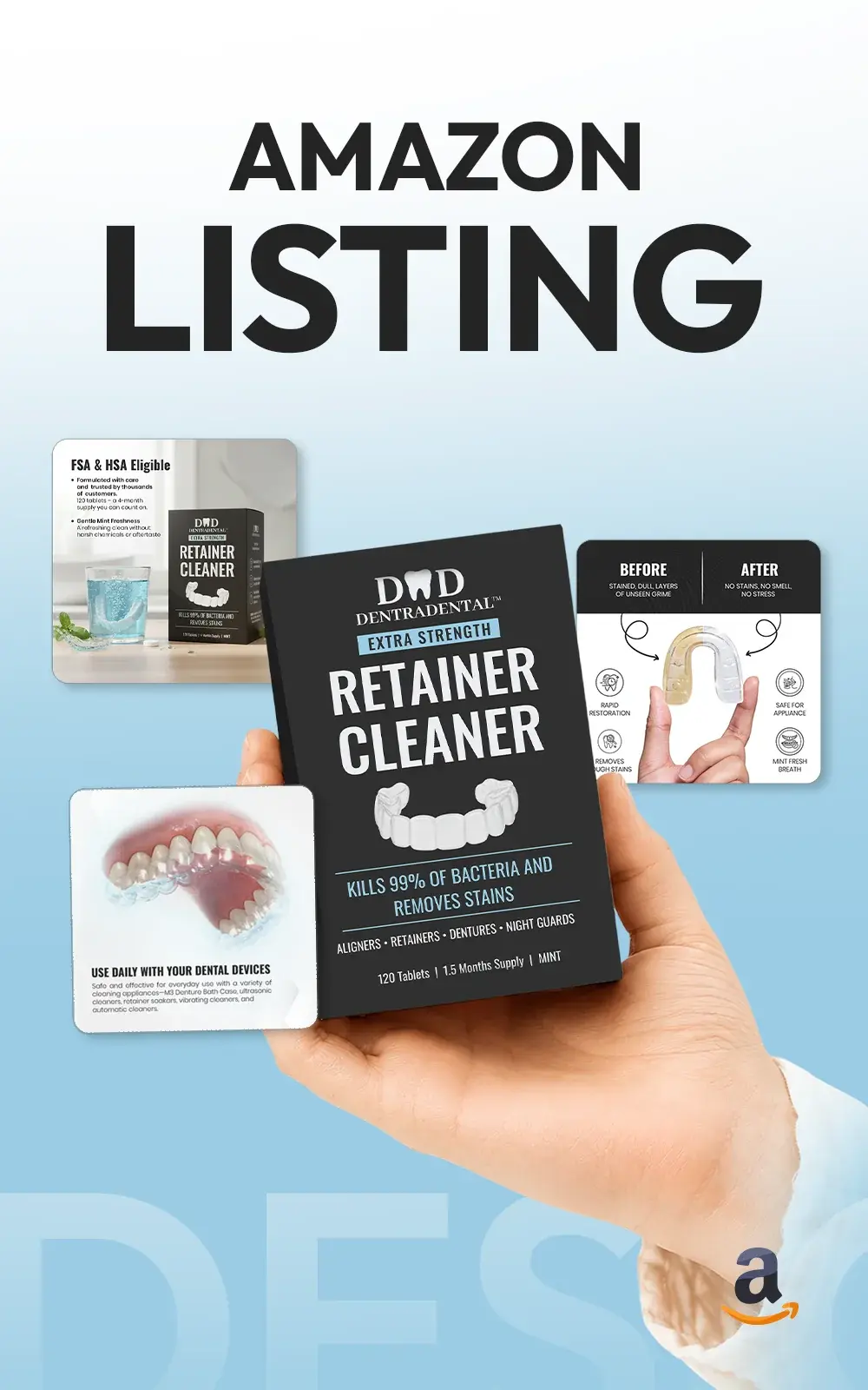 DentraDental Retainer Cleaner Amazon Listing Images · Amazon A+ Content & Listing Design case study cover