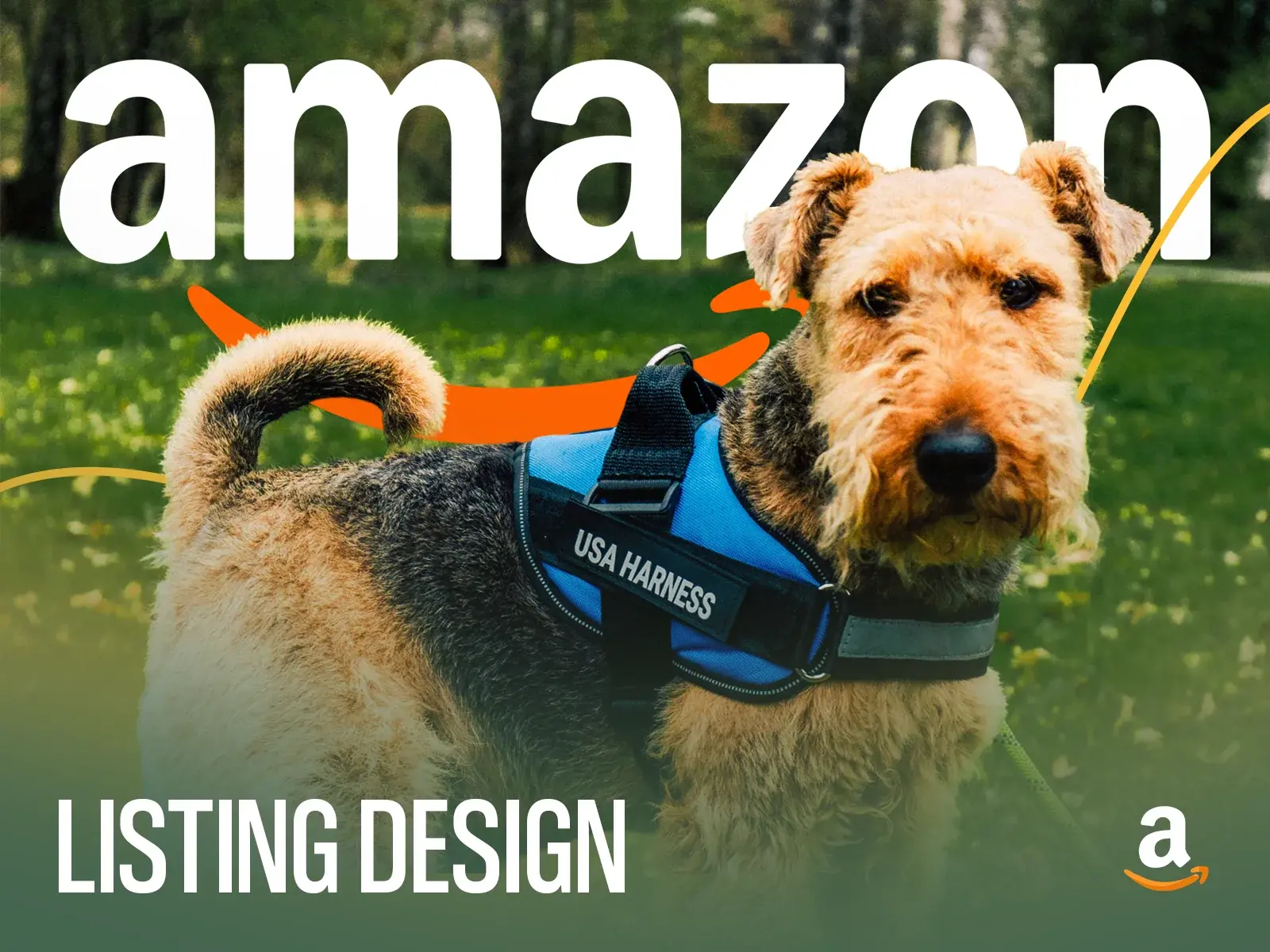 Doggy Kingdom Amazon listing title frame with an Airedale wearing the blue USA Harness