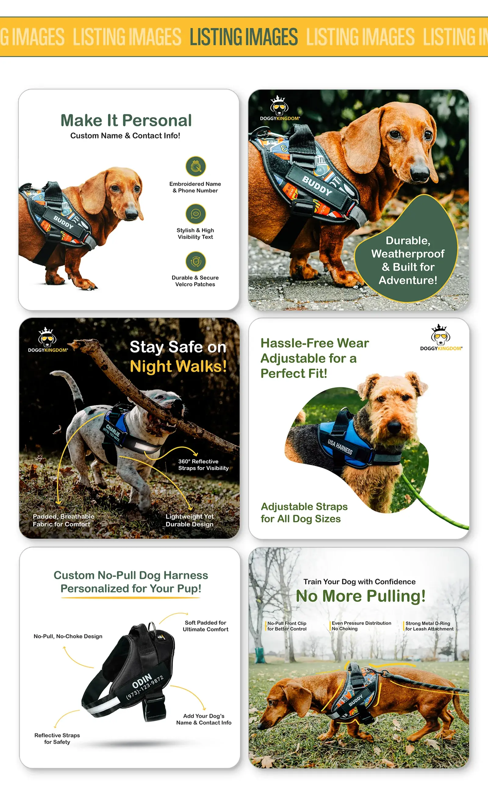 Six Doggy Kingdom listing images: make it personal, durable and weatherproof, safe at night, hassle-free wear, adjustable straps, no more pulling