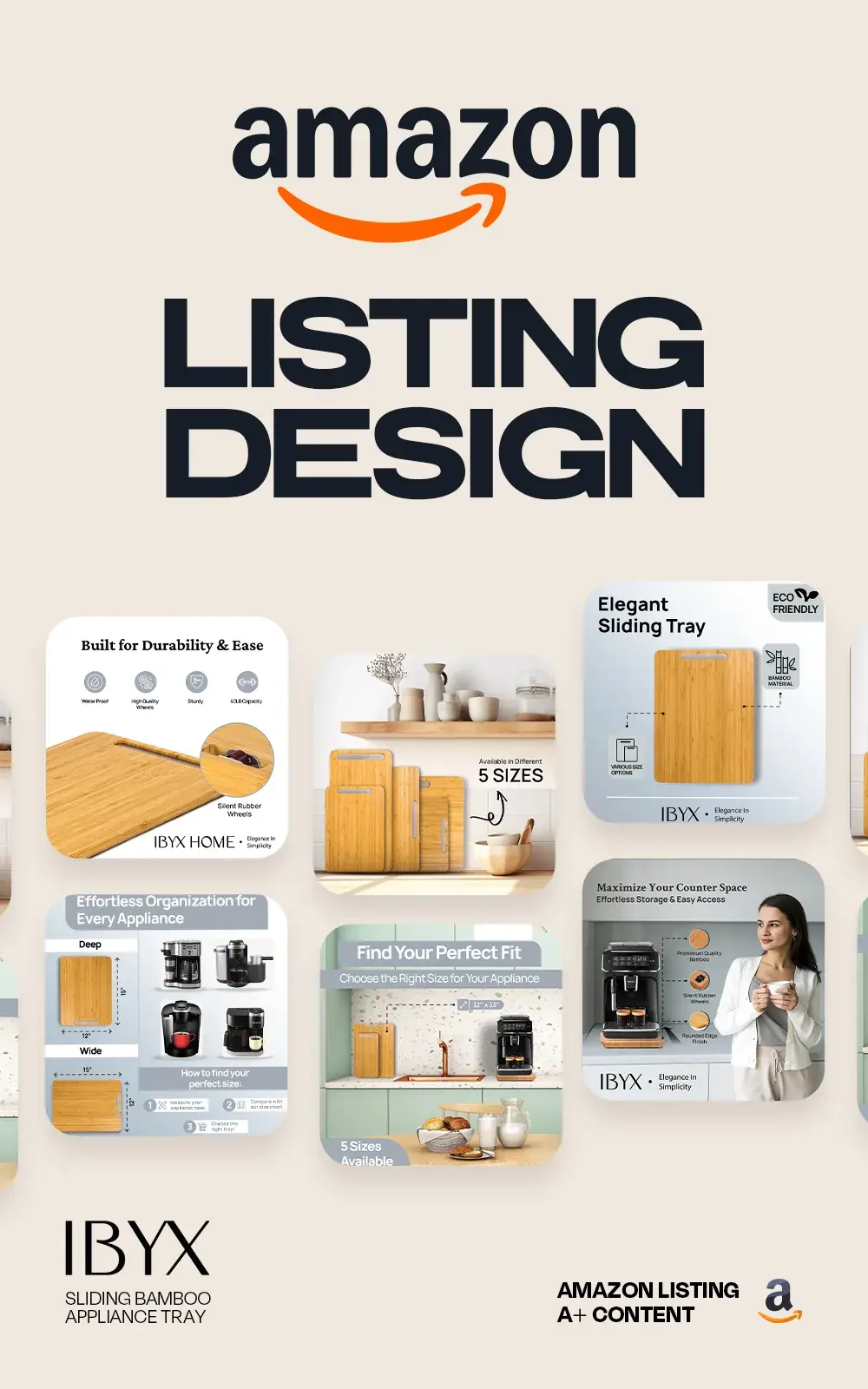 IBYX Sliding Bamboo Appliance Tray Amazon Listing and A+ Content · Amazon A+ Content & Listing Design case study cover