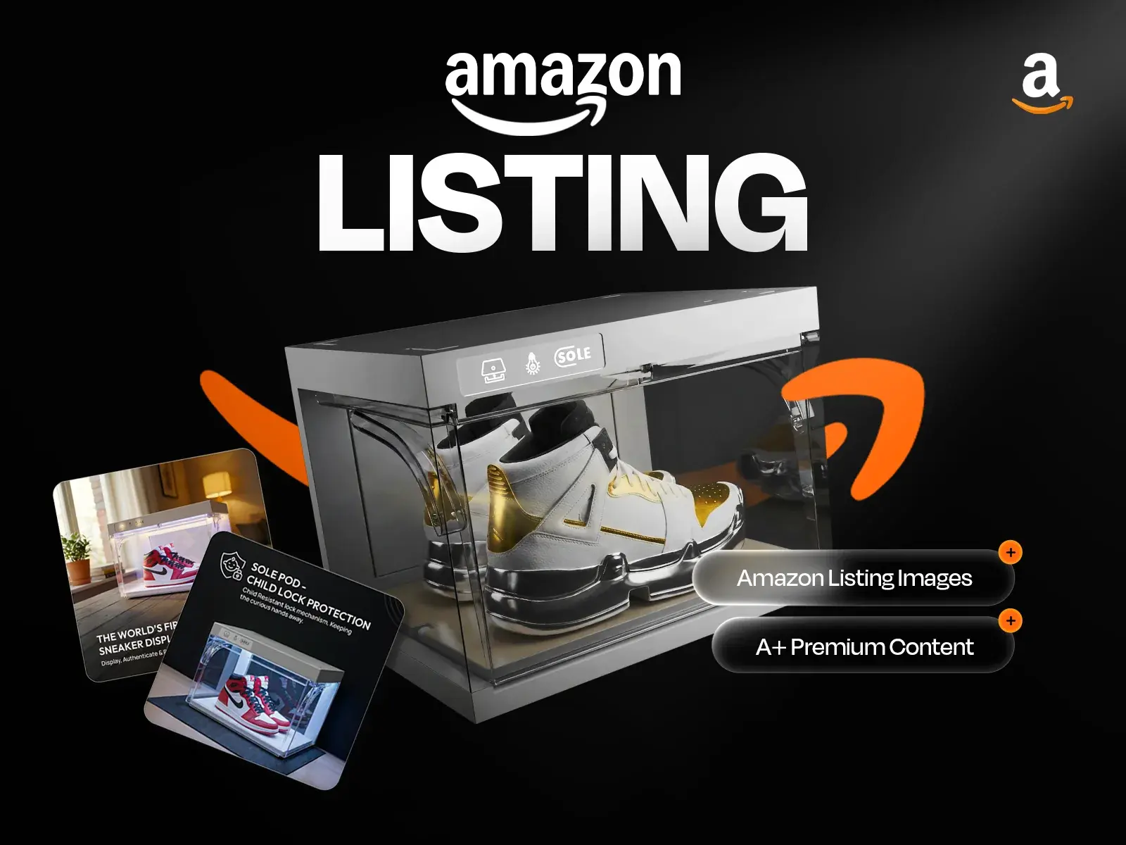 SOLE Pod Amazon listing title frame with the illuminated sneaker display case on a dark stage