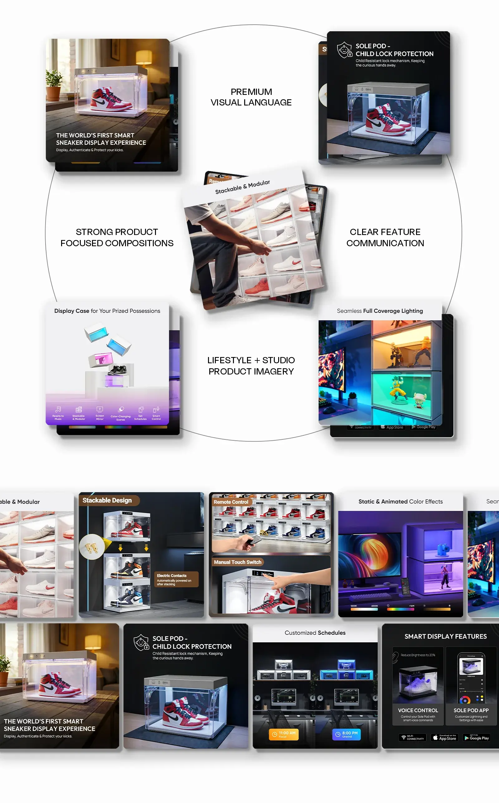 The SOLE Pod listing image set: premium visual language, strong product-focused compositions and lifestyle imagery