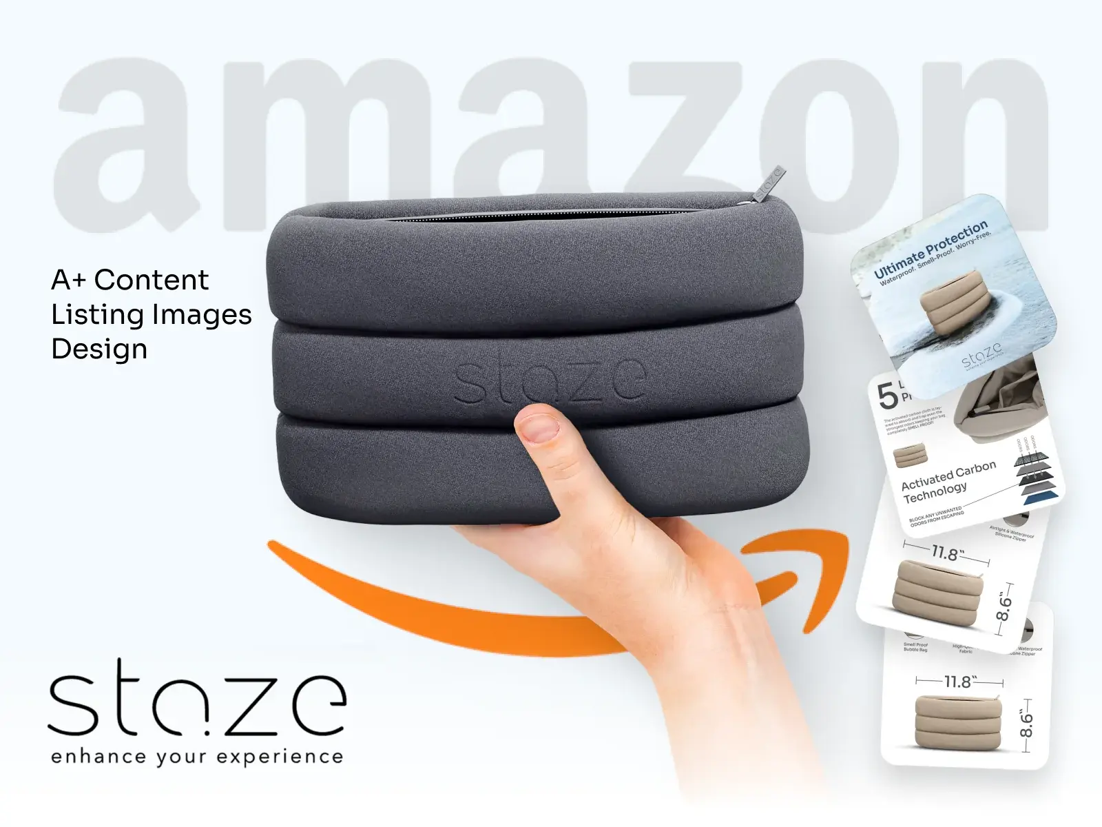 Amazon A+ Content and listing images title frame with the Staze Drift Bag held in one hand