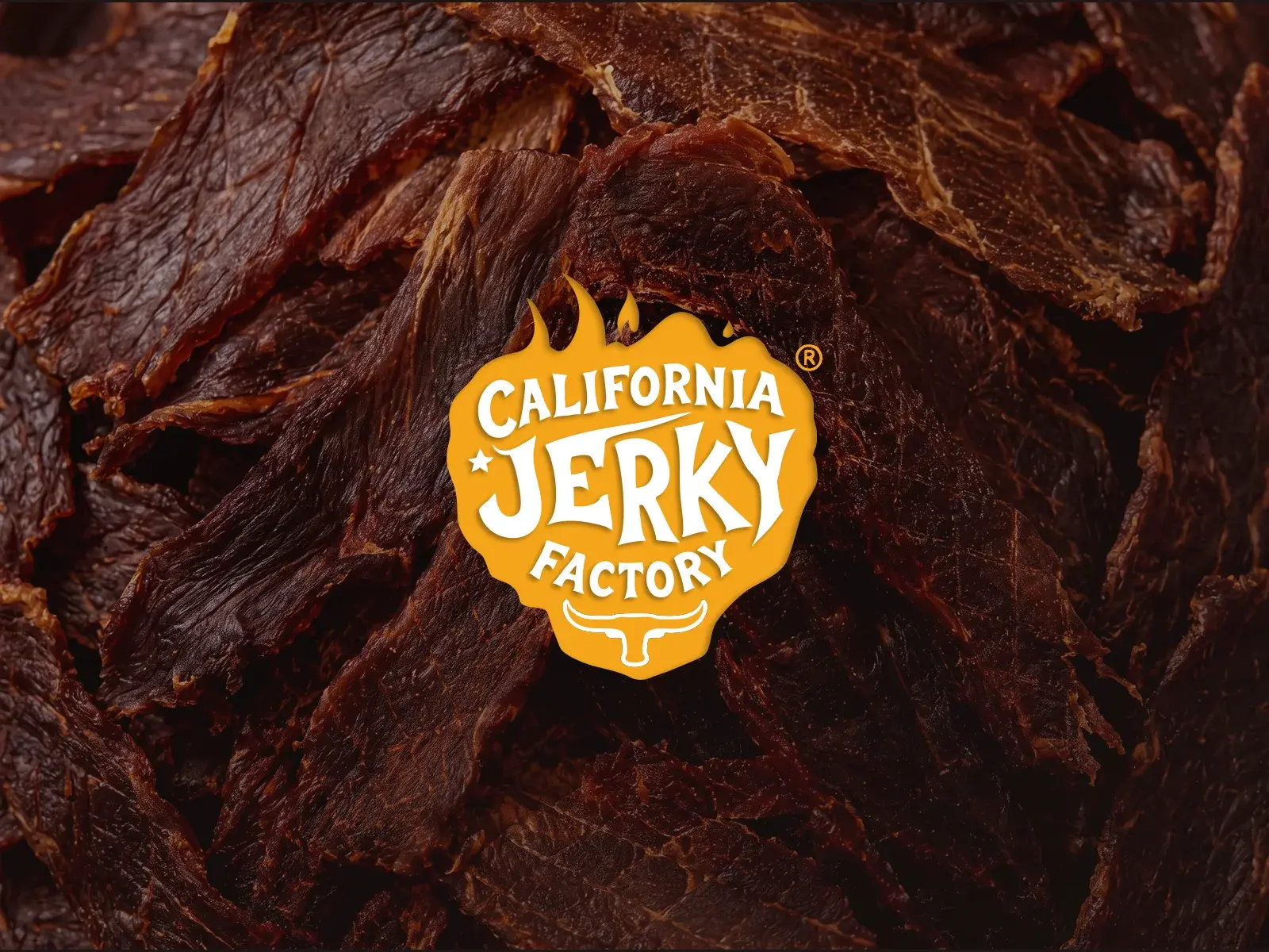 Case study title slide: the California Jerky Factory flame badge over strips of beef jerky