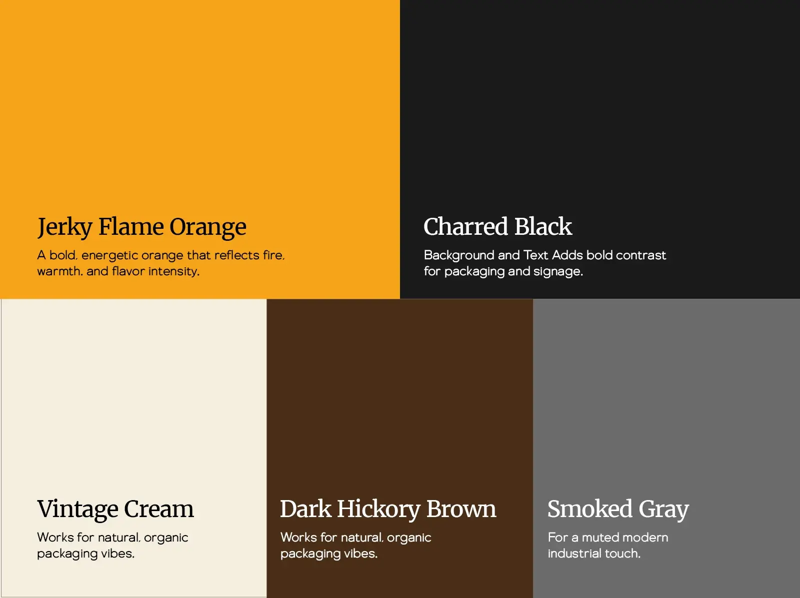 Color palette: Jerky Flame Orange, Charred Black, Vintage Cream, Dark Hickory Brown and Smoked Gray with their uses