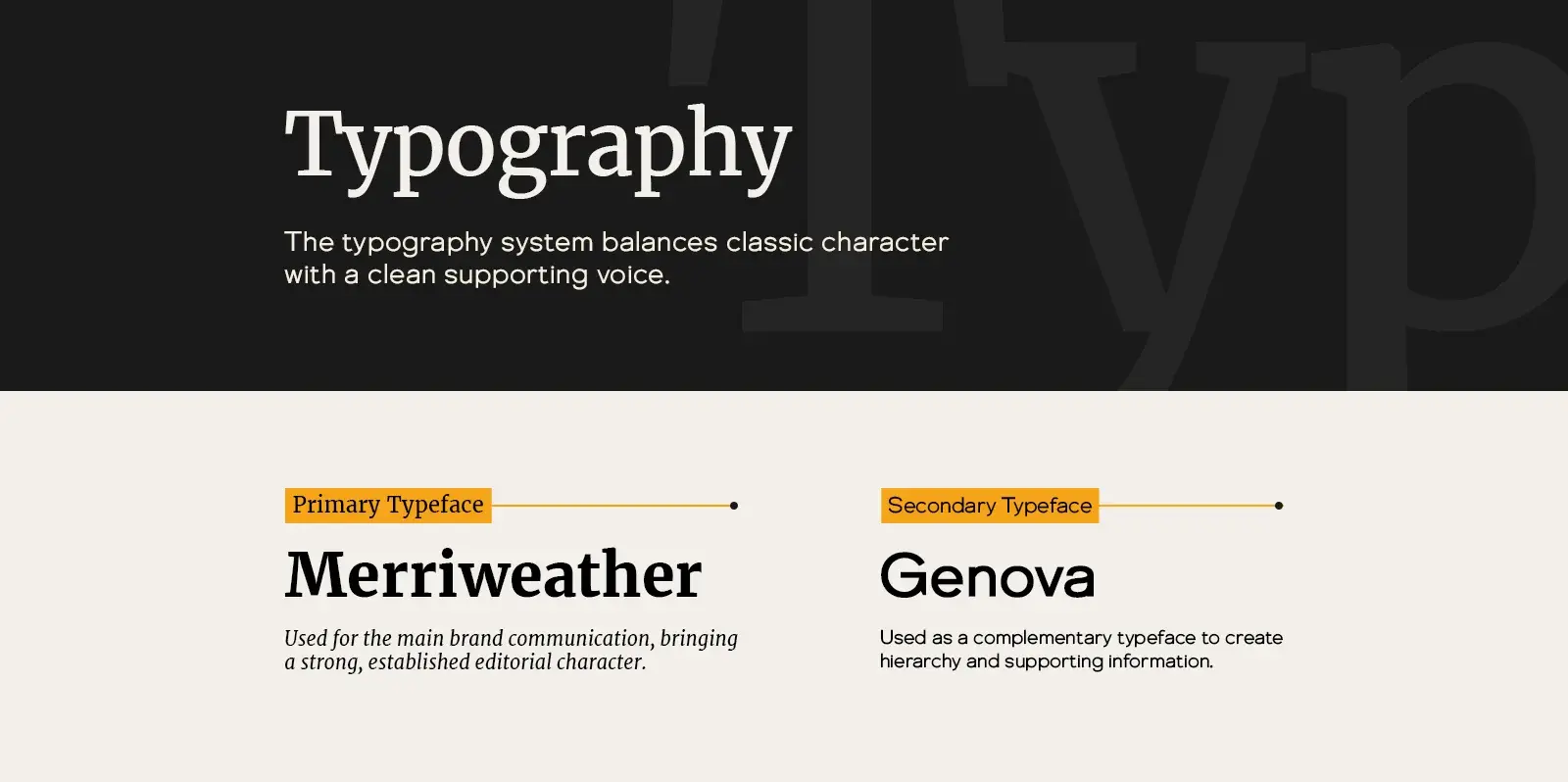 Typography: Merriweather as the primary typeface and Genova as the secondary, balancing classic character with a clean supporting voice