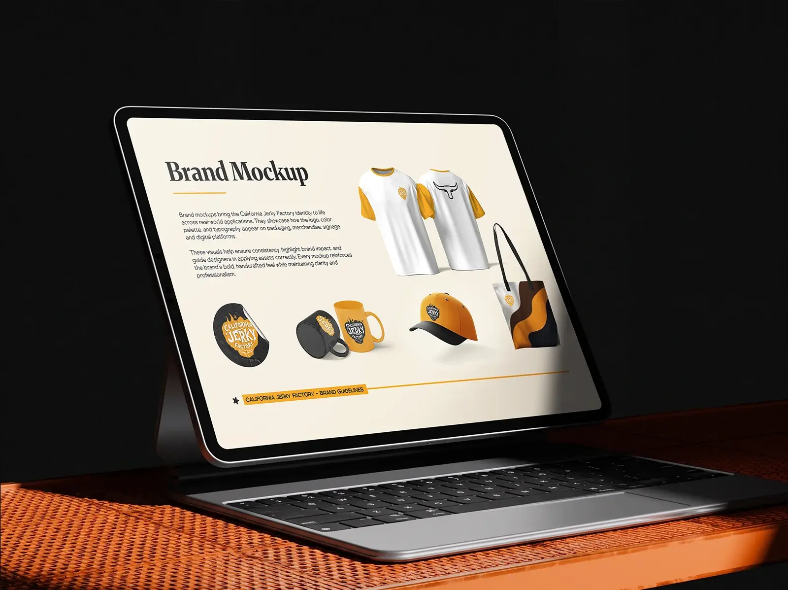 Laptop mockup showing the brand mockup page of the guidelines