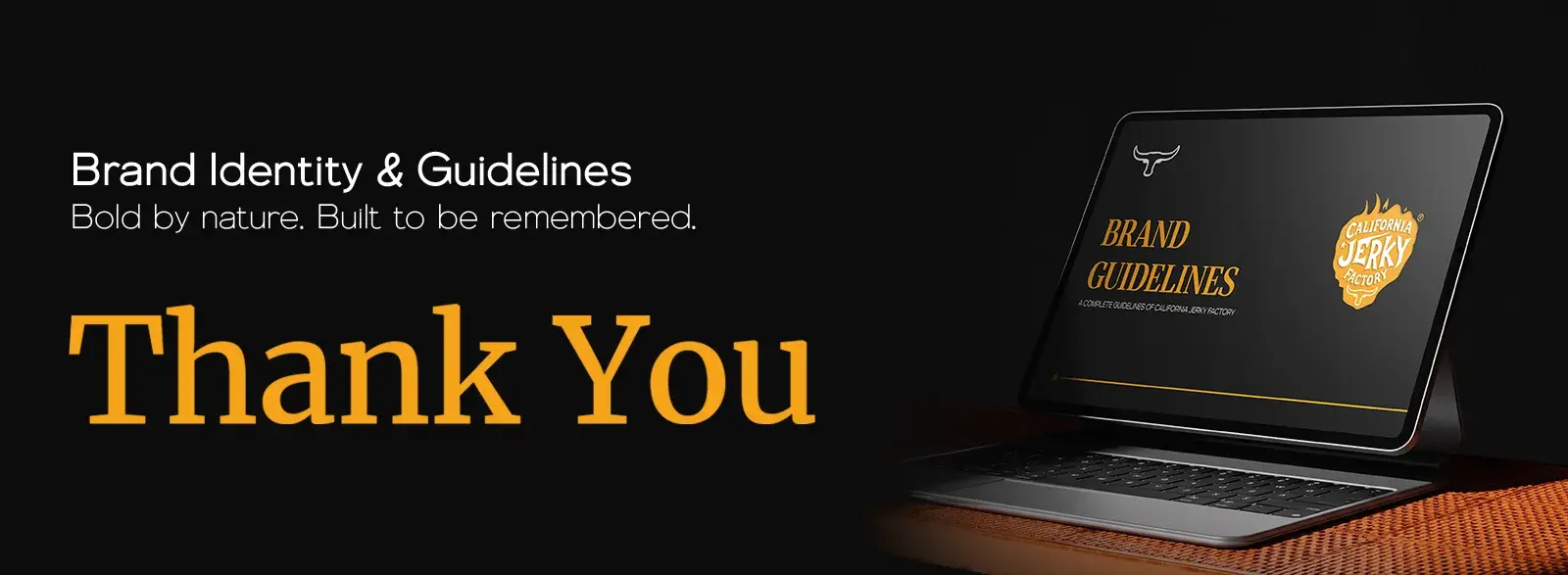 Brand identity and guidelines, bold by nature, built to be remembered: thank you slide with a tablet showing the guidelines cover