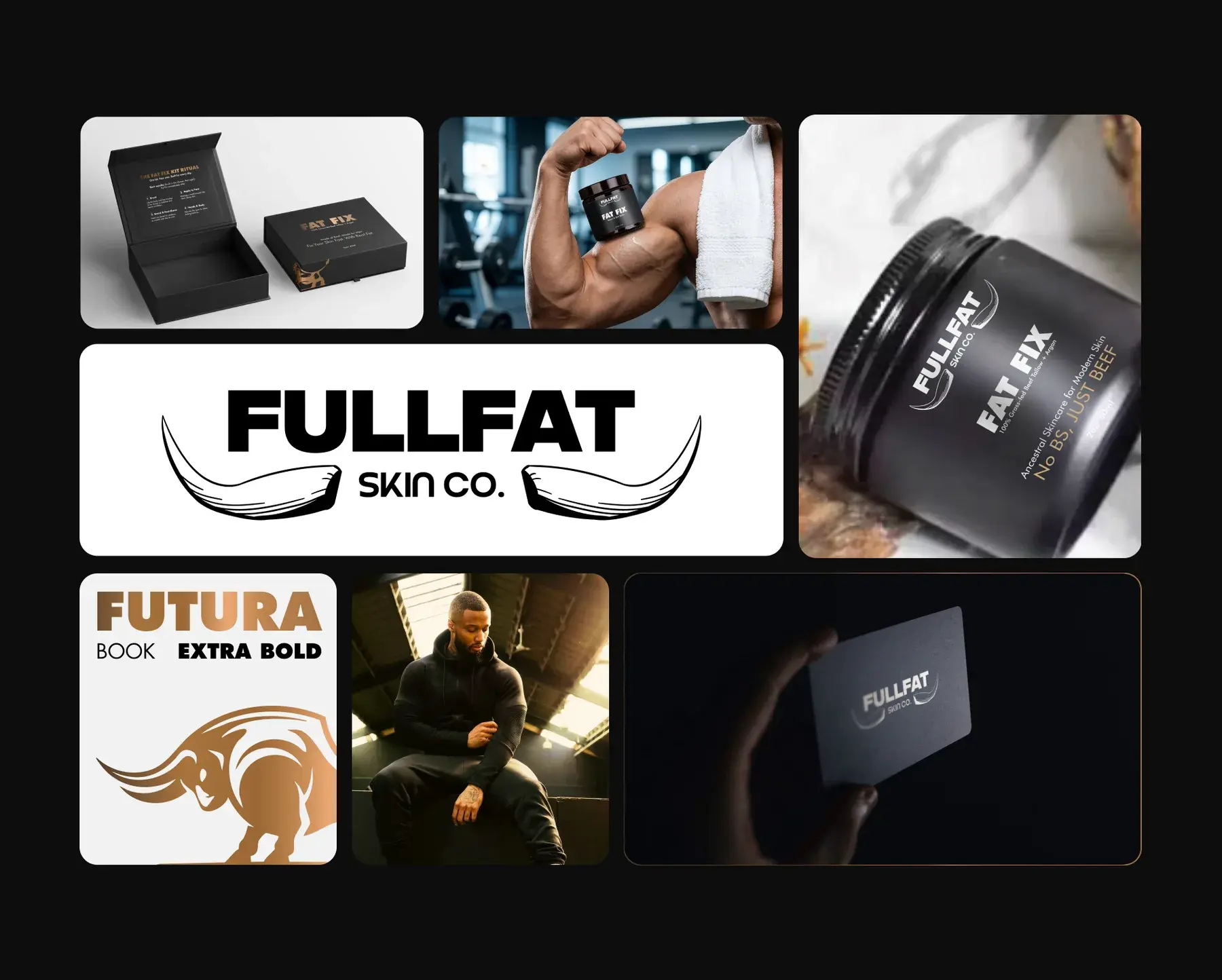 Moodboard grid: the FAT FIX gift box, a FAT FIX jar held after a gym session, the FULLFAT Skin Co. logo, a Futura type specimen with a bull illustration, and a black business card