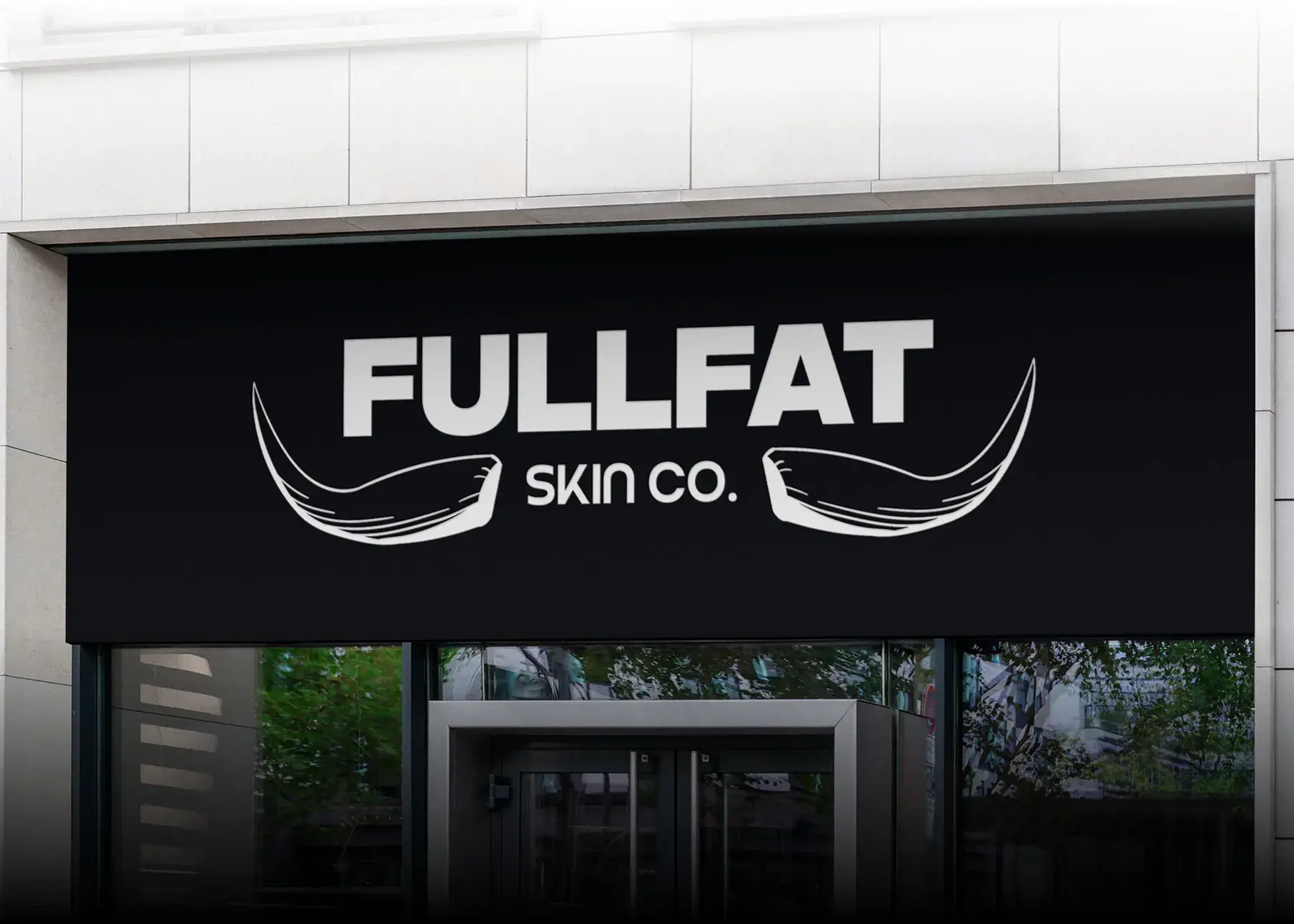 The FULLFAT Skin Co. logo in white on a black storefront sign