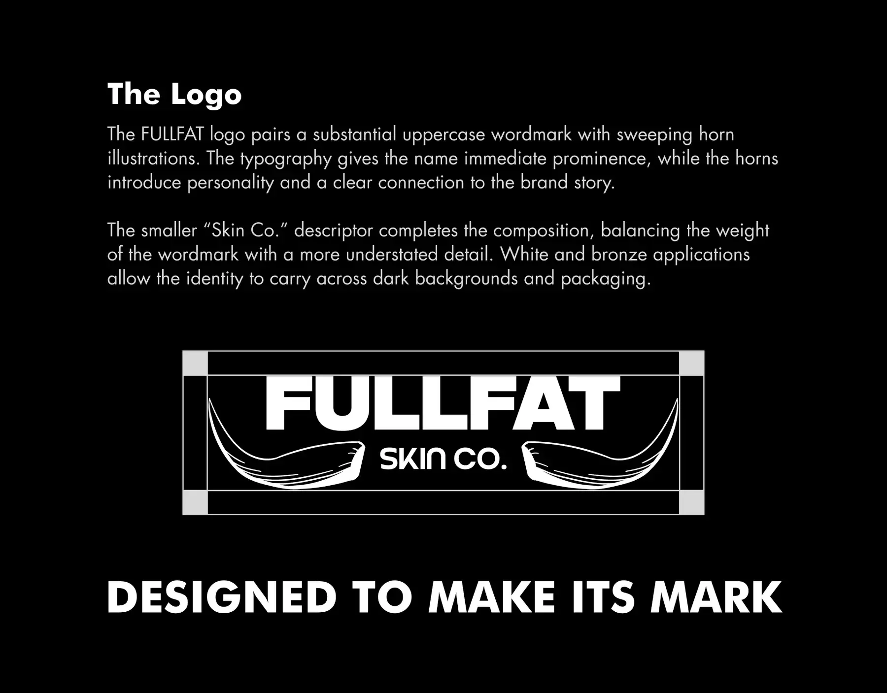 The logo: an uppercase FULLFAT wordmark with sweeping horn illustrations and a smaller Skin Co. descriptor, shown with construction guides, designed to make its mark