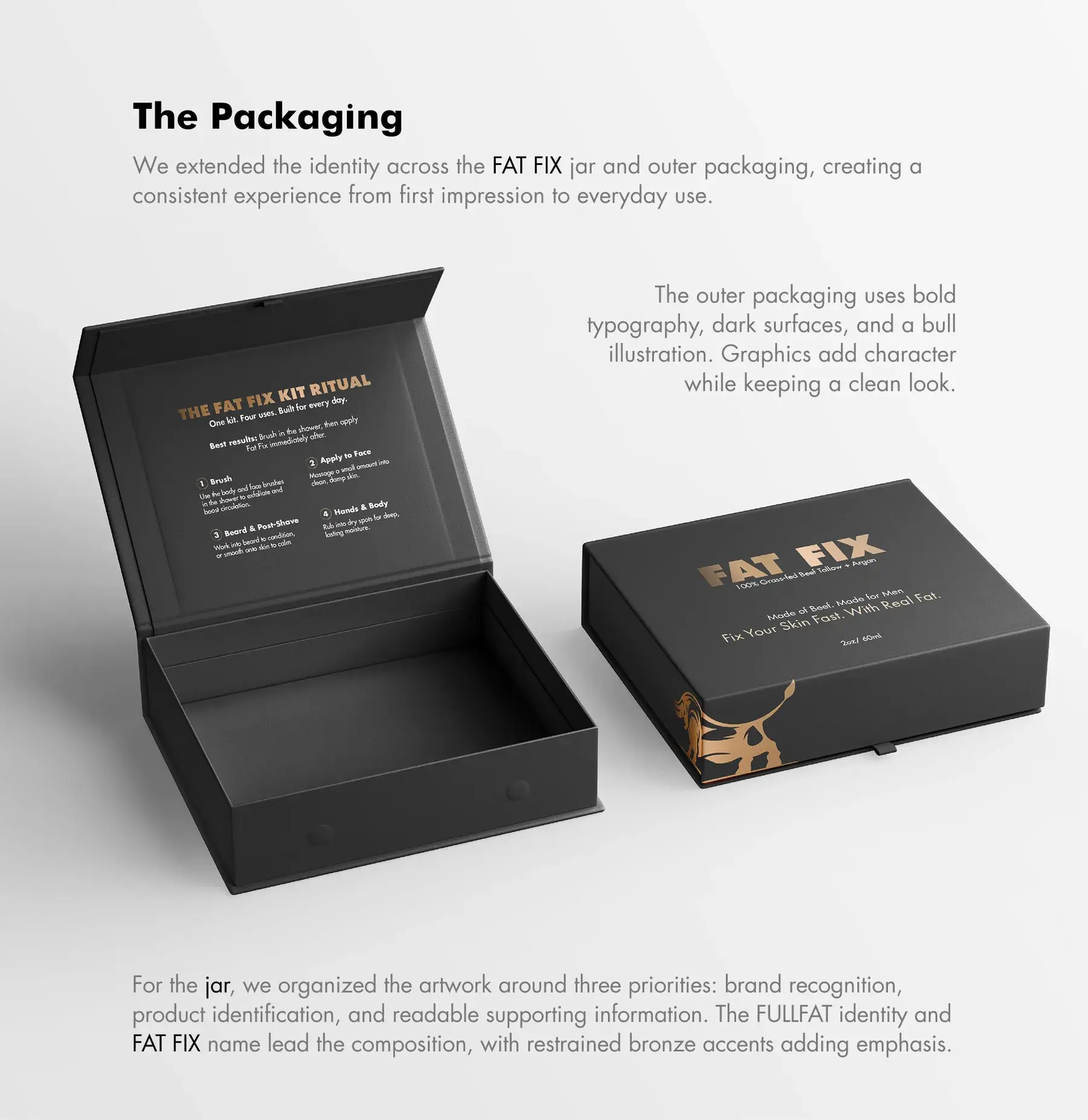 The packaging: the FAT FIX gift box opened to show the kit ritual printed inside the lid, beside the closed black box with bronze type and a bull illustration