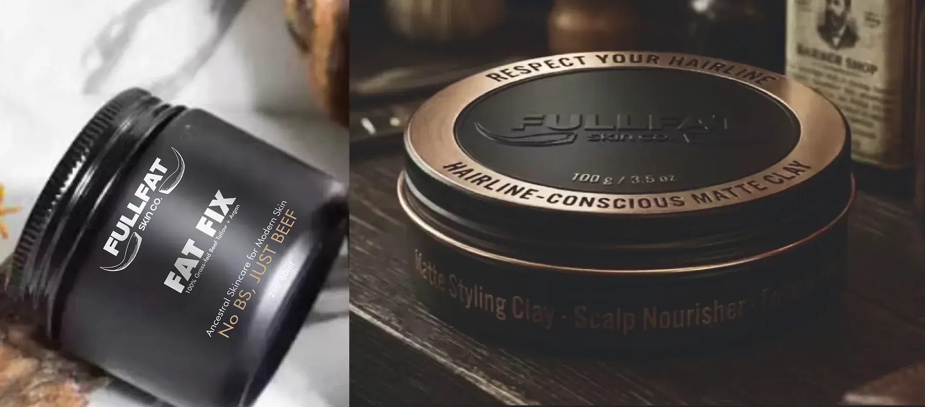 The FAT FIX jar with its FULLFAT Skin Co. label, beside a bronze-rimmed tin of hairline-conscious matte styling clay