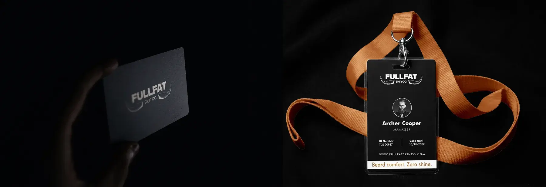 A black FULLFAT business card in hand, and a staff ID badge on a bronze lanyard
