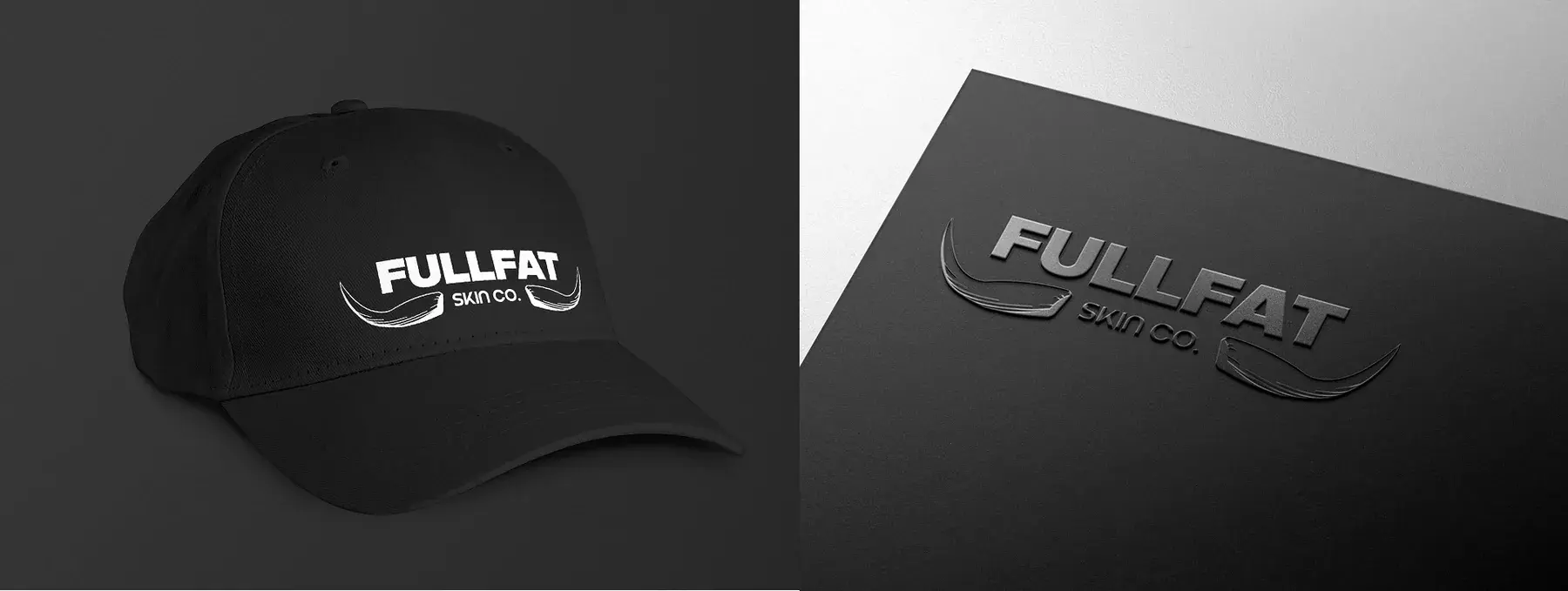 A black cap with the white FULLFAT Skin Co. logo, and the logo blind-embossed on black paper