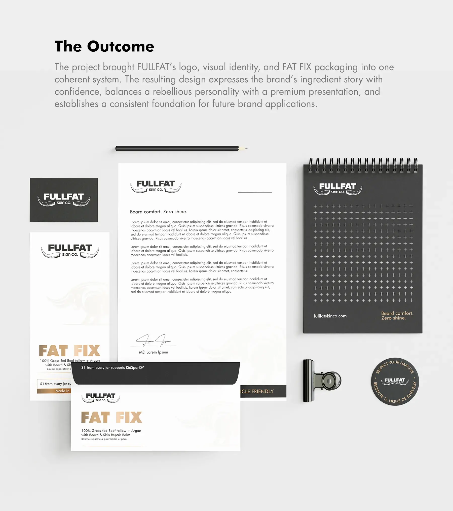 The outcome: a stationery set with letterhead, envelope, FAT FIX rack card, notebook, business card and coaster, bringing logo, identity and packaging into one system