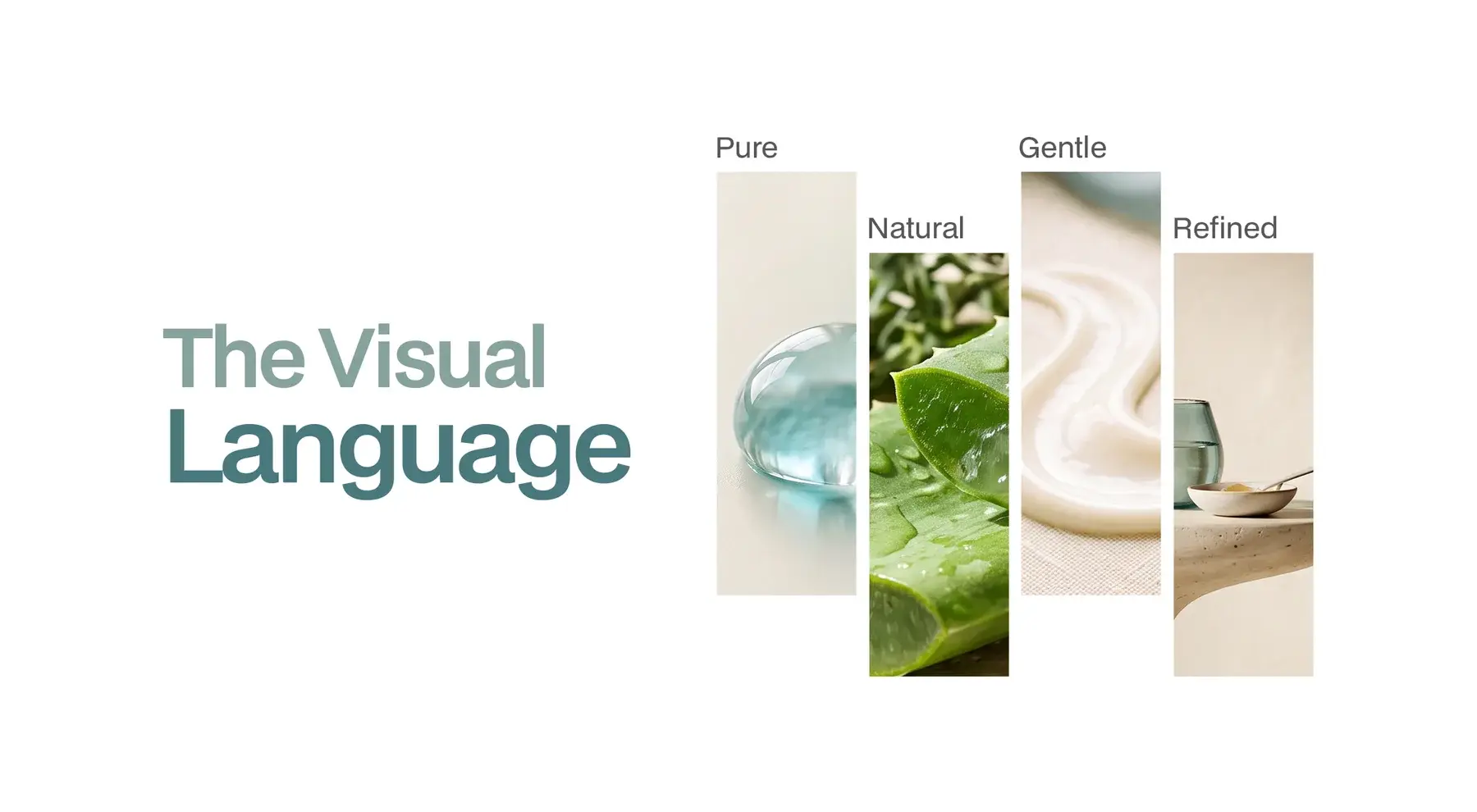 The visual language in four words, pure, natural, gentle and refined, with a water drop, aloe, cream and a glass on stone
