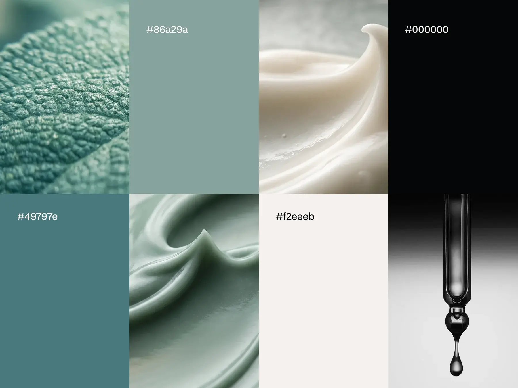 Color palette: sage, dark teal, cream and black beside leaf, cream and dropper textures