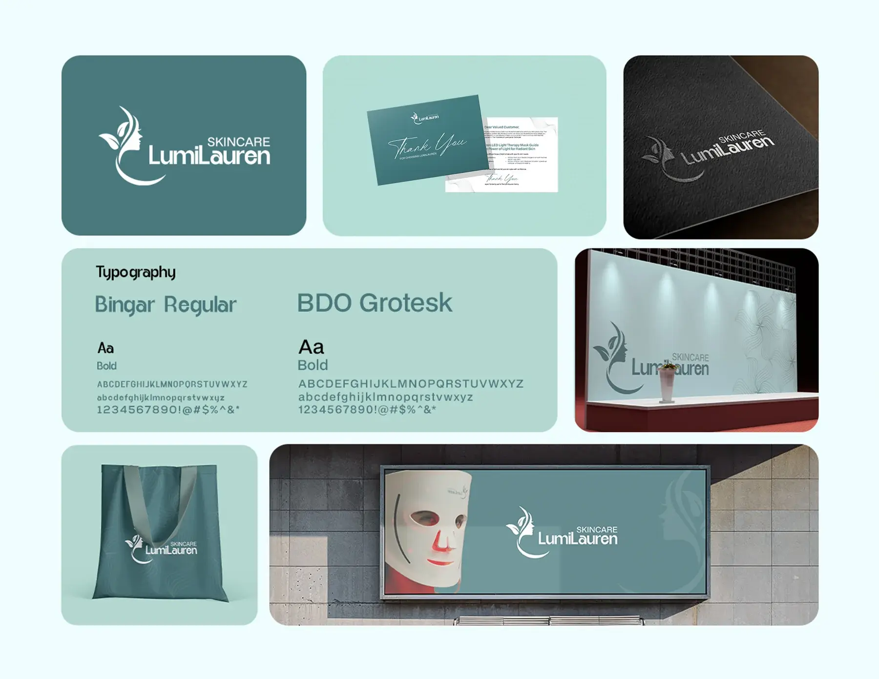 Brand collage: logo tiles, business cards, the two typefaces, a billboard, a tote bag and the LED mask
