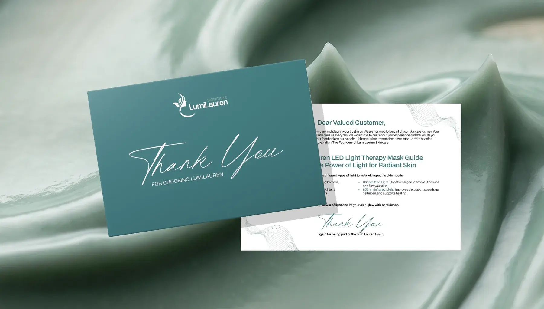 Thank you card and customer letter in teal and white over green cream