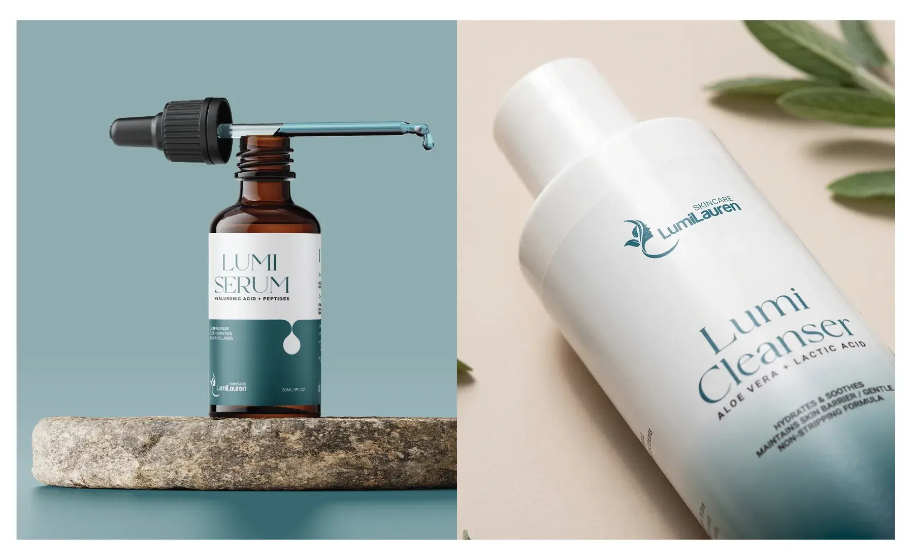Lumi Serum dropper bottle and Lumi Cleanser tube on stone