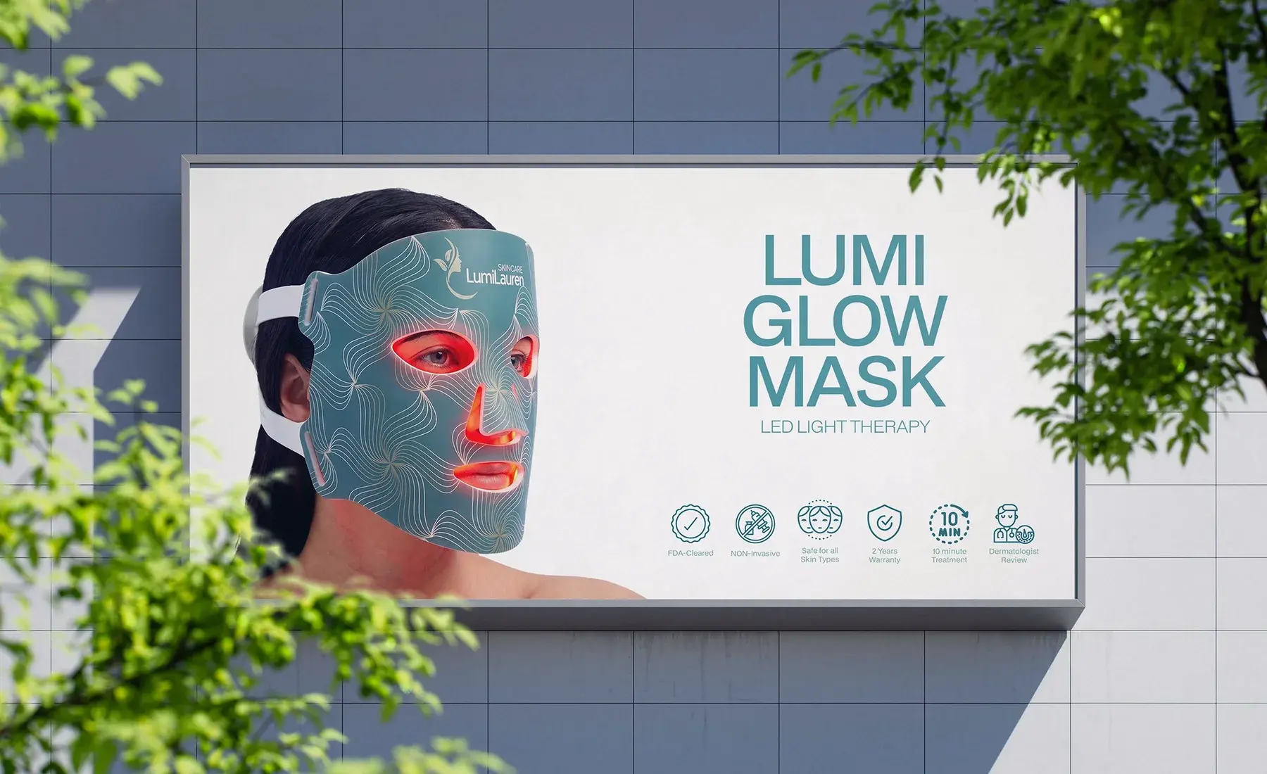 Billboard for the Lumi Glow Mask LED light therapy with a model wearing the mask