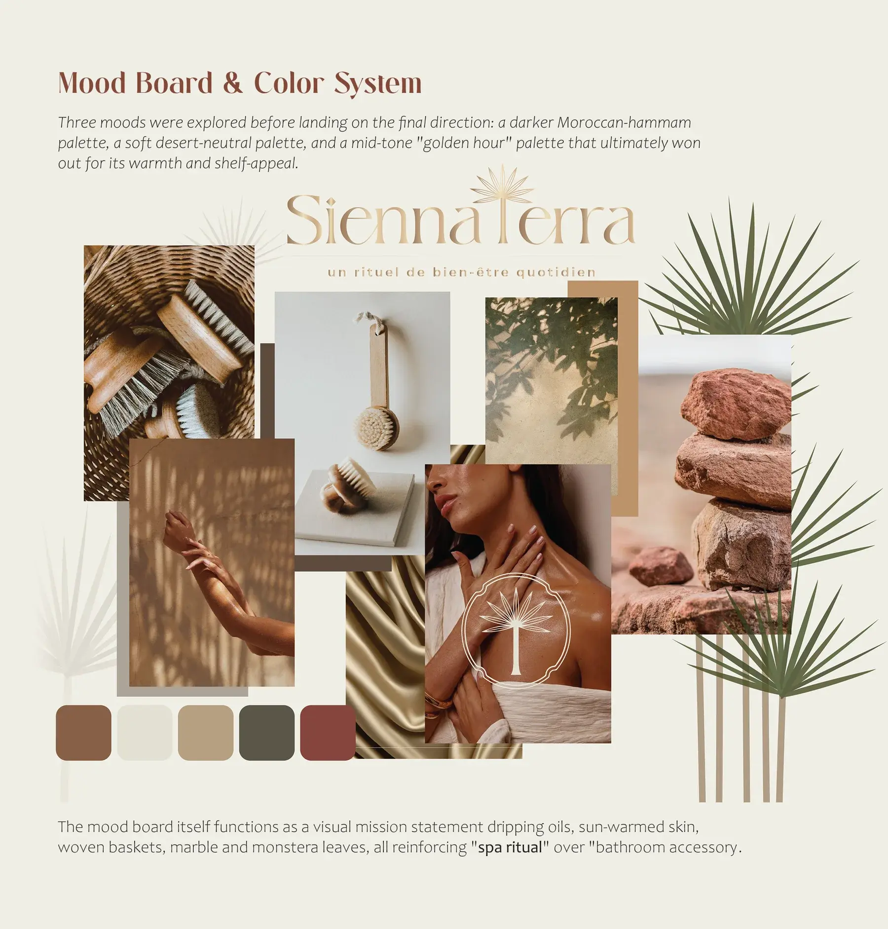 Mood board and color system: golden hour palette swatches, woven baskets, brushes, sun-warmed skin and marble, with the Sienna Terra wordmark