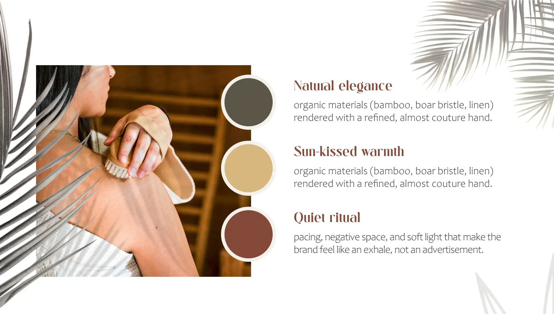 Three palette colors and their meaning, natural elegance, sun-kissed warmth and quiet ritual, beside a woman dry-brushing her shoulder