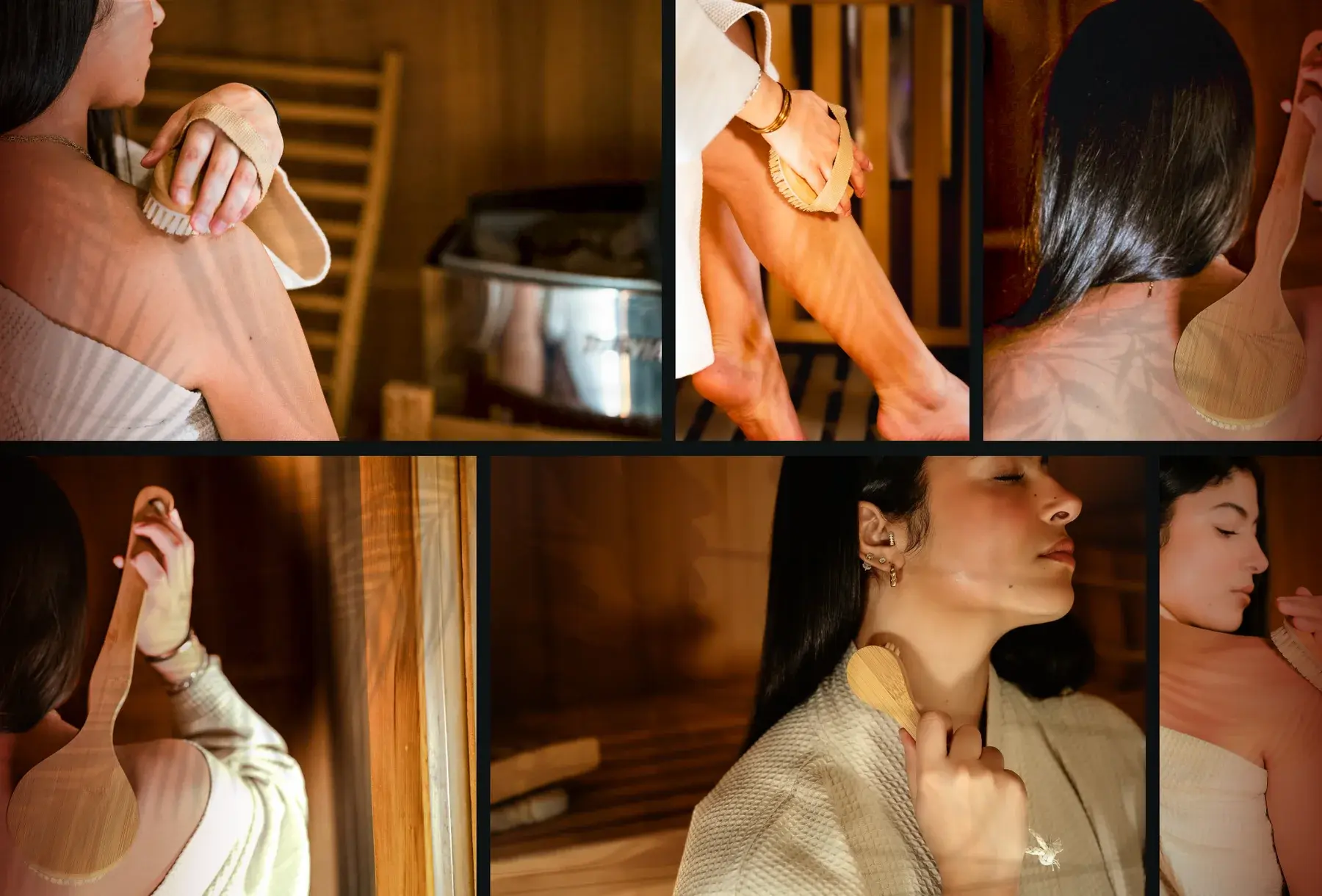 Six warm-graded photographs of the brushes in use in a sauna, on the shoulder, the scalp, the legs and the face