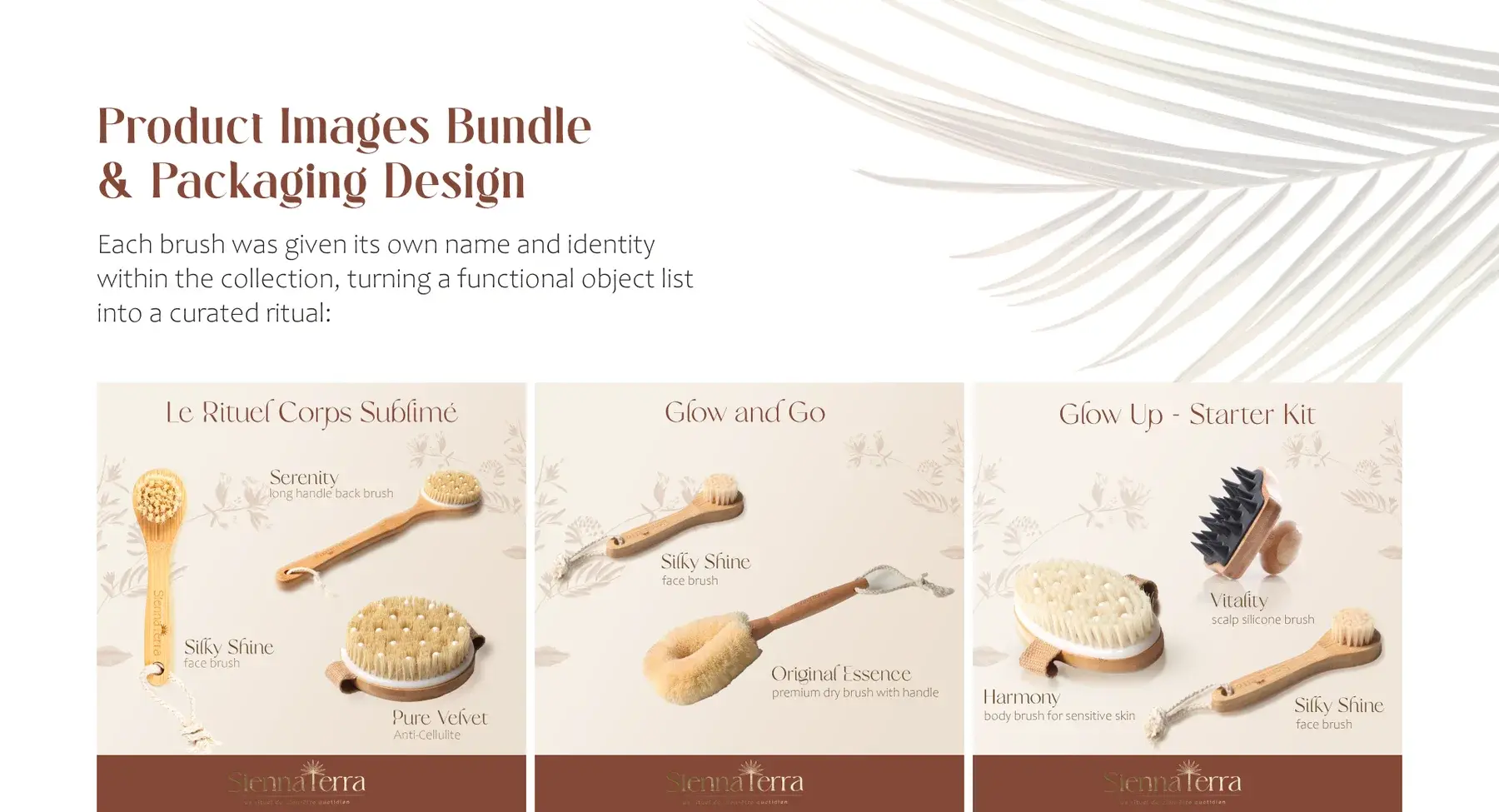 Product image bundles and packaging design: Le Rituel Corps Sublimé, Glow and Go and the Glow Up starter kit, each brush named