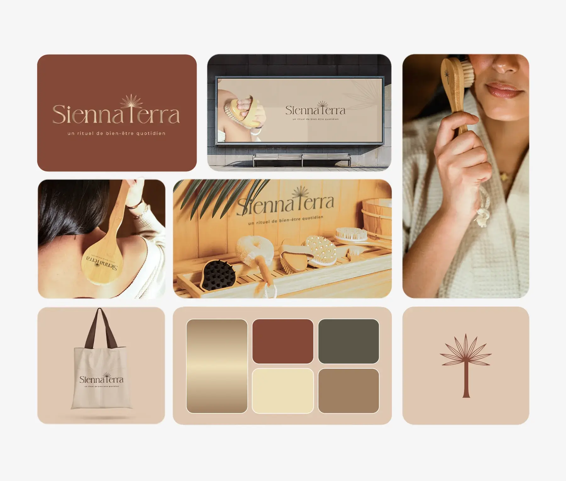 Brand collage: the wordmark tile, a laptop with the homepage, a brush, the sauna photo, a tote bag, the palette and the palm mark