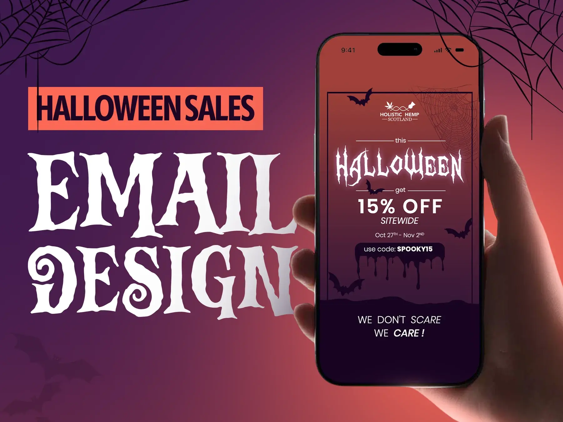 Case study title slide: Halloween sales email design, a hand holding a phone with the 15% off sitewide Halloween email