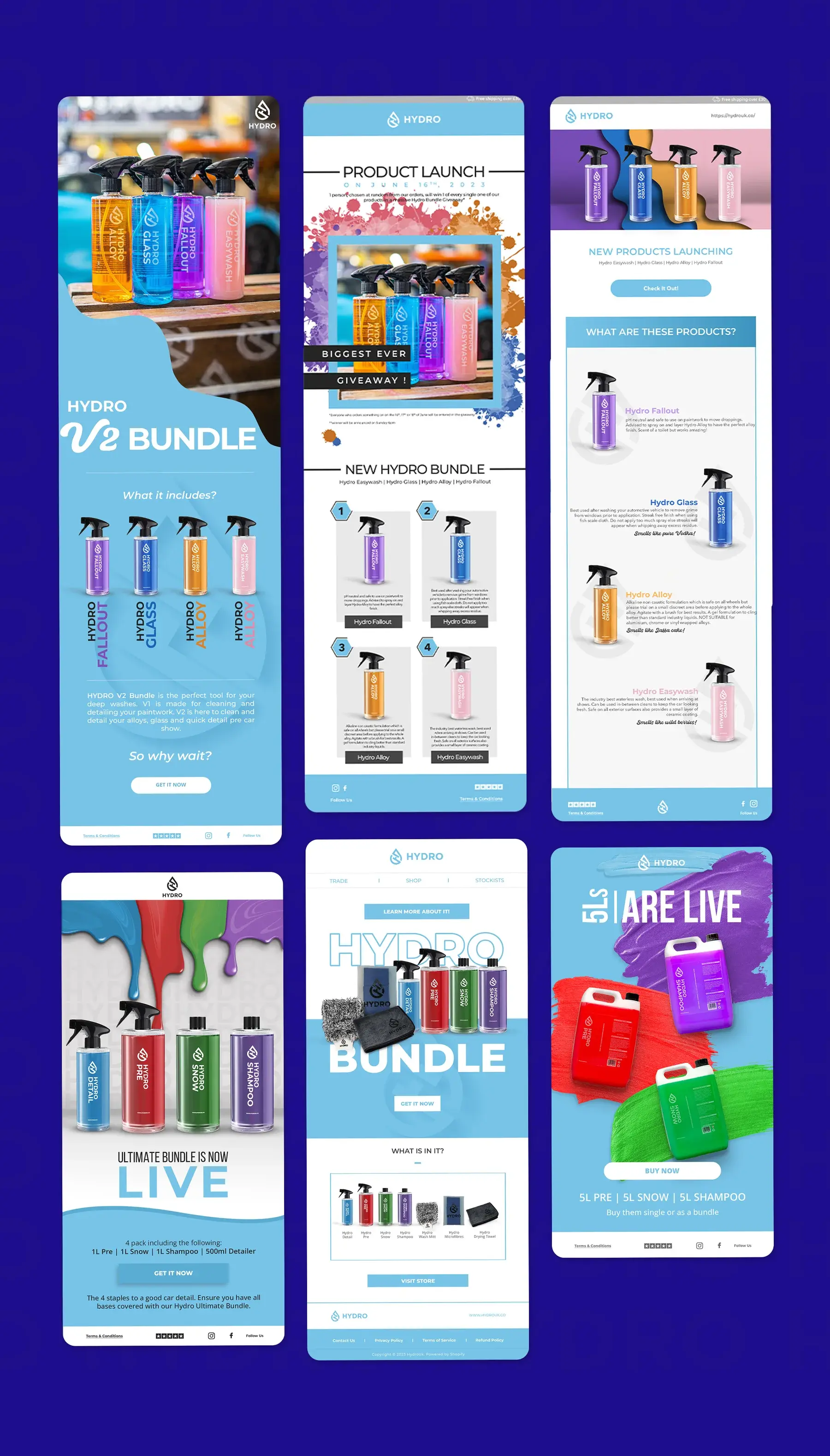 Six Hydro emails: the V2 Bundle, the product launch giveaway, new products launching, the Ultimate Bundle now live, the Hydro Bundle, and the 5Ls are live