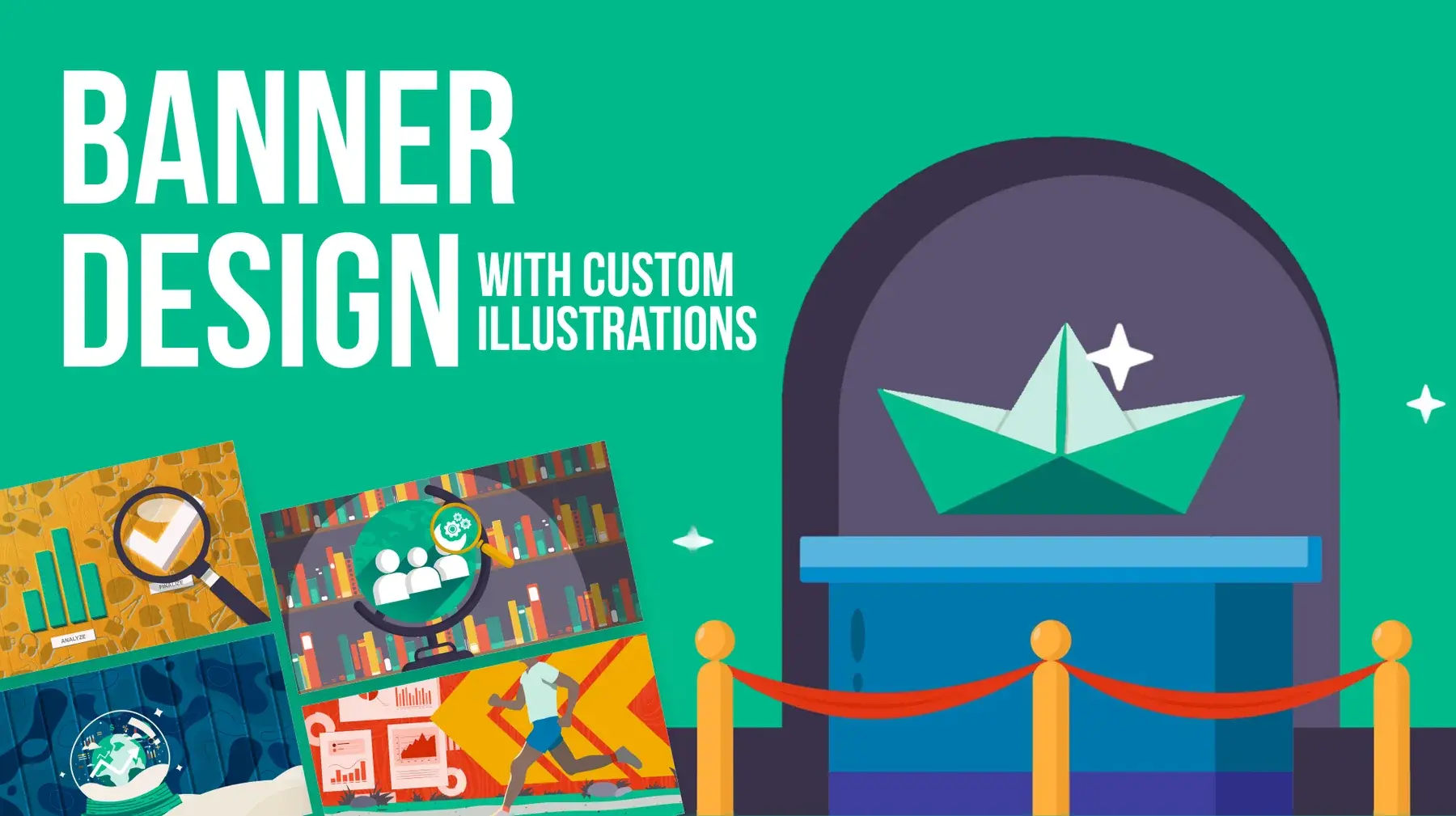 Case study title slide: banner design with custom illustrations, a paper boat on a pedestal behind a velvet rope with four banner thumbnails