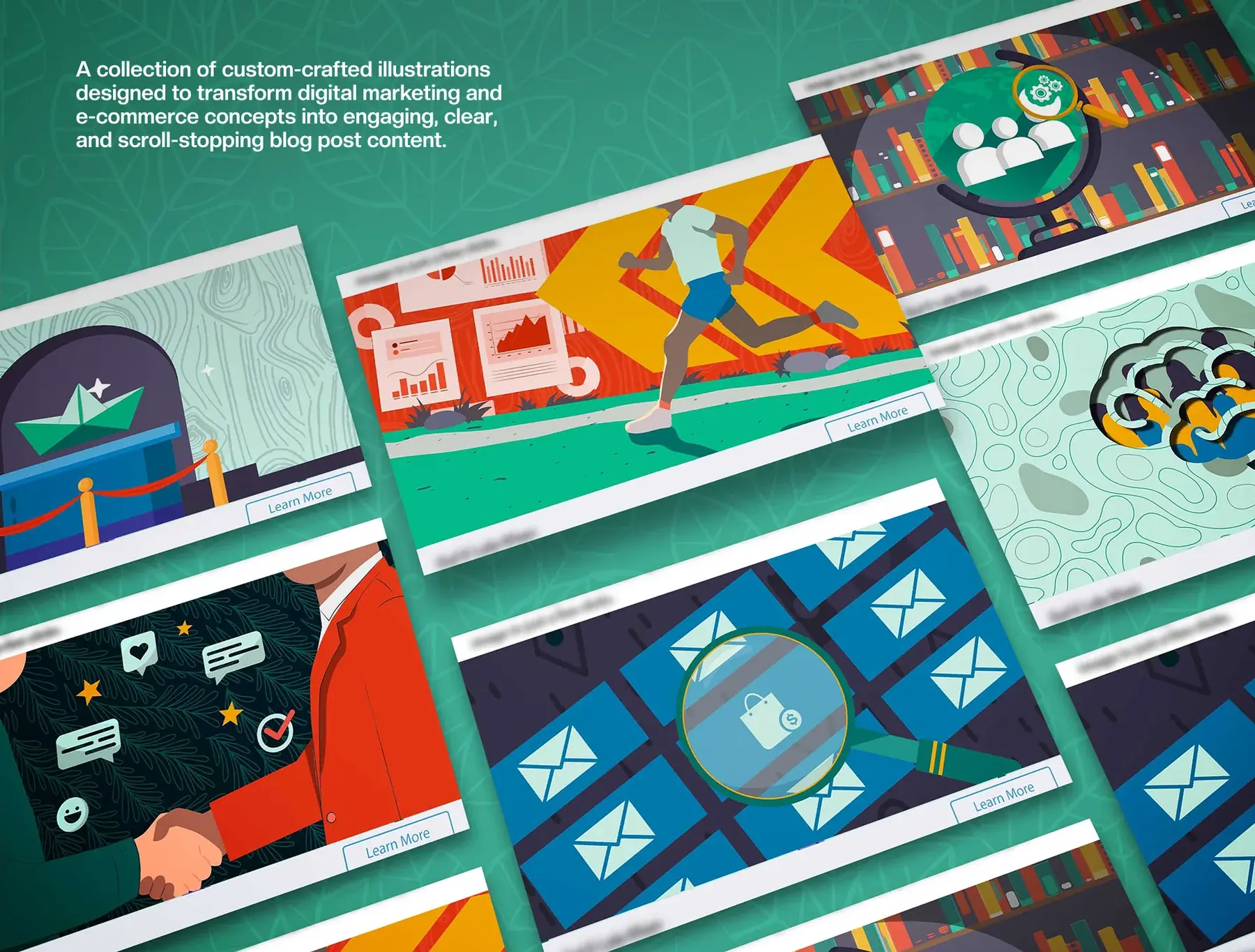 A collection of custom-crafted illustrations for blog posts: banners with Learn More buttons scattered across a green background