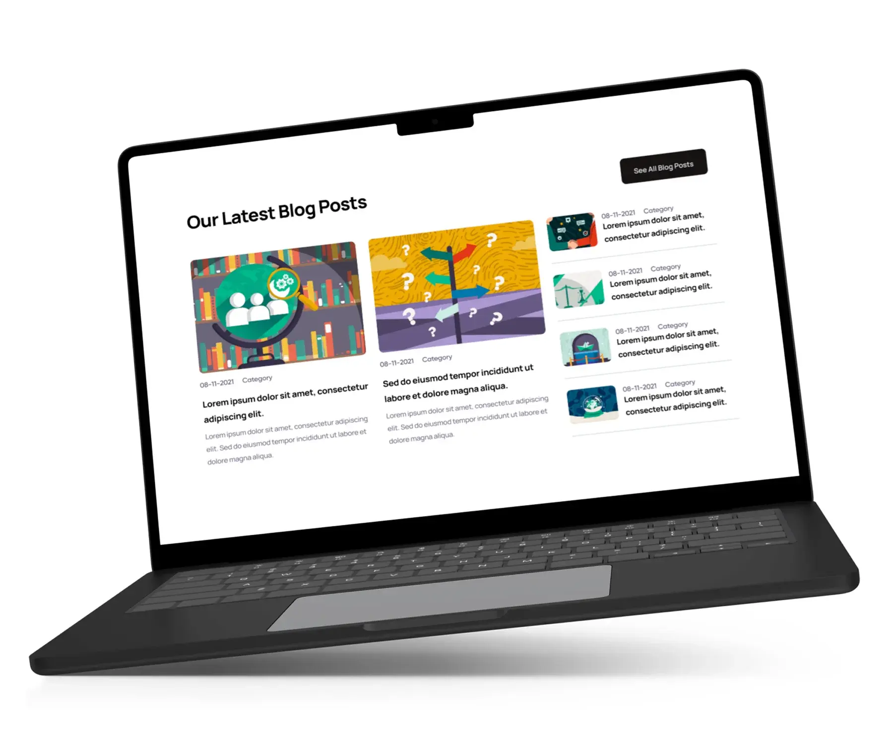 The illustrations in place as blog post covers on a laptop mockup