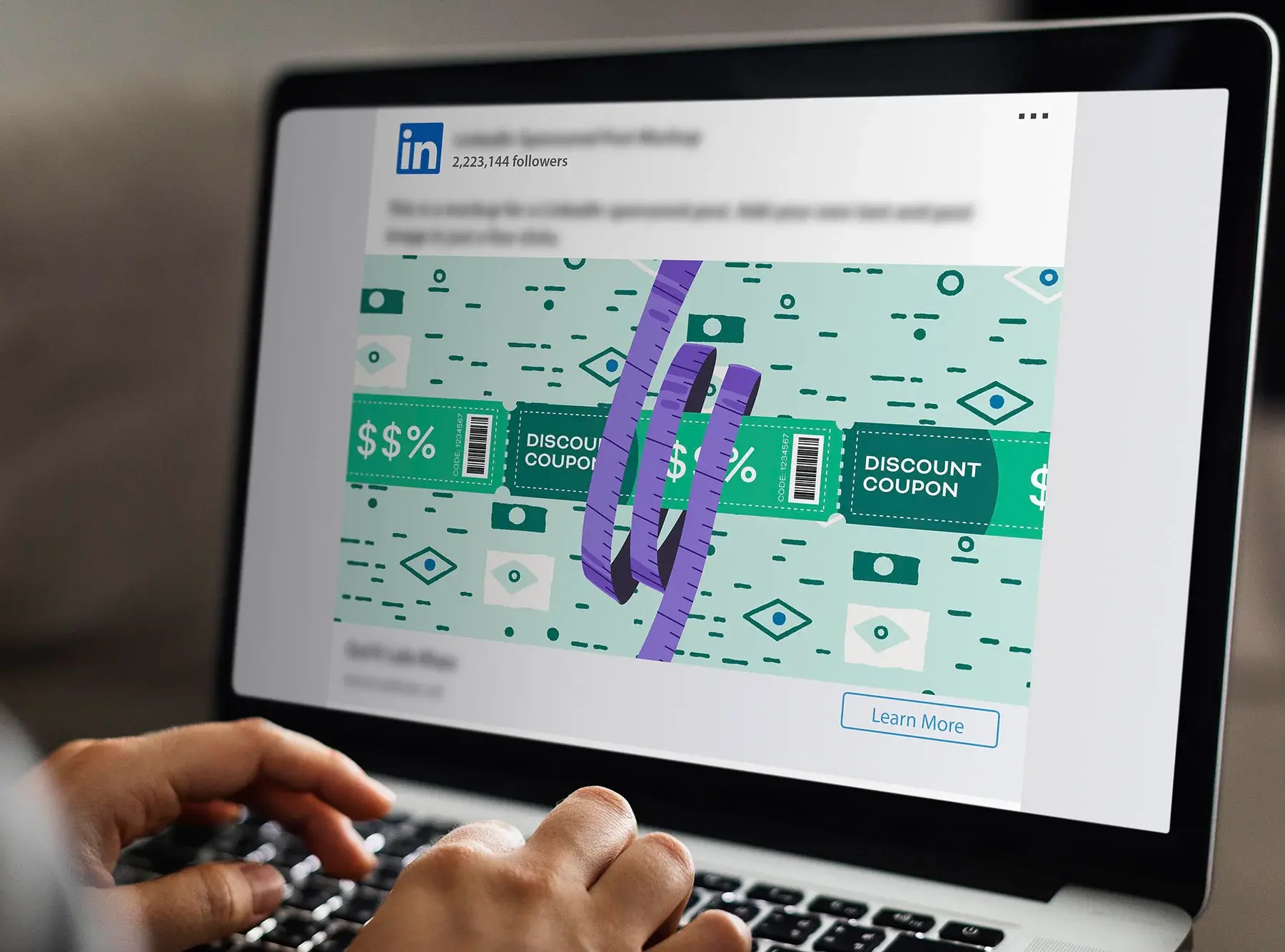The discount coupon illustration as a LinkedIn sponsored post on a laptop