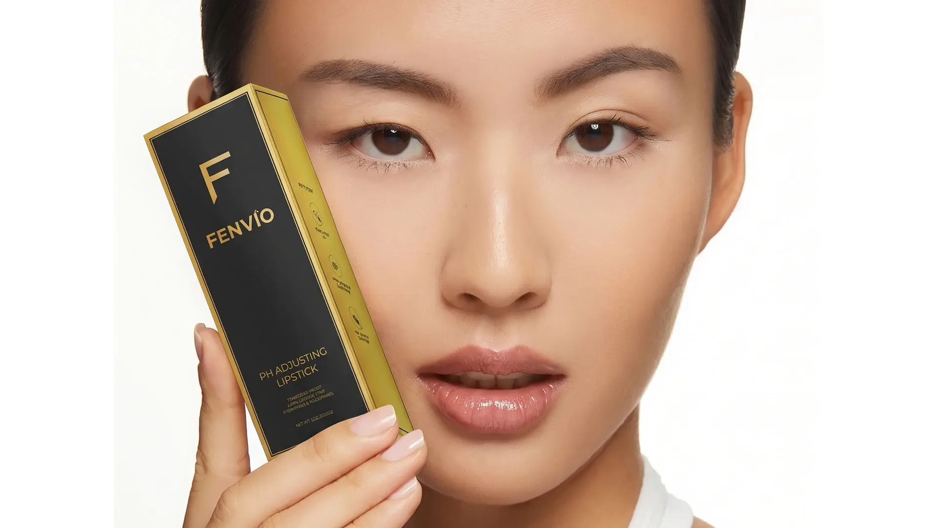 Model holding the black and gold Fenvio pH adjusting lipstick carton