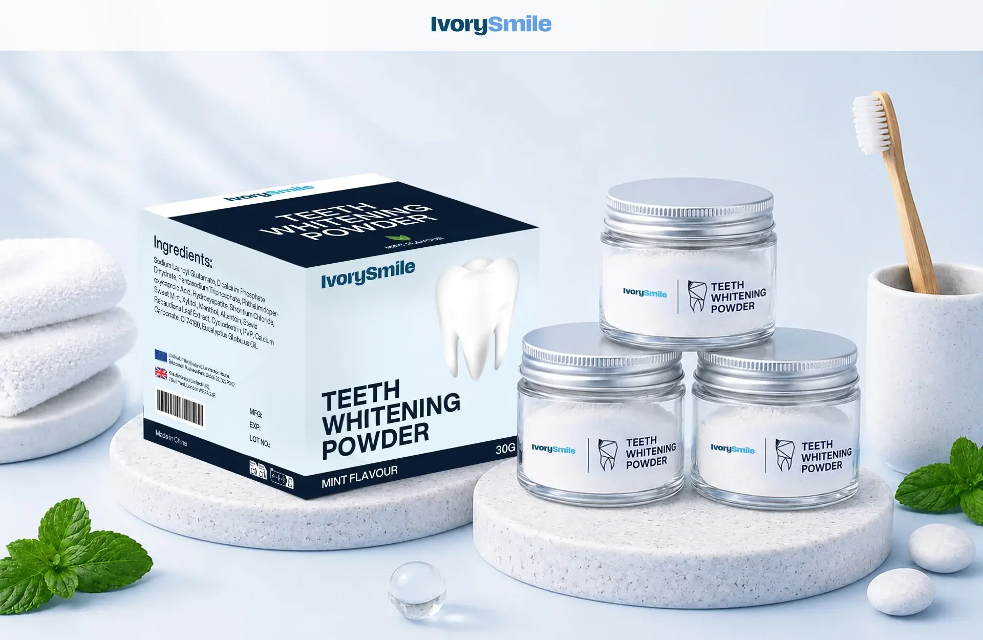 IvorySmile teeth whitening powder box and three jars with a toothbrush and mint leaves