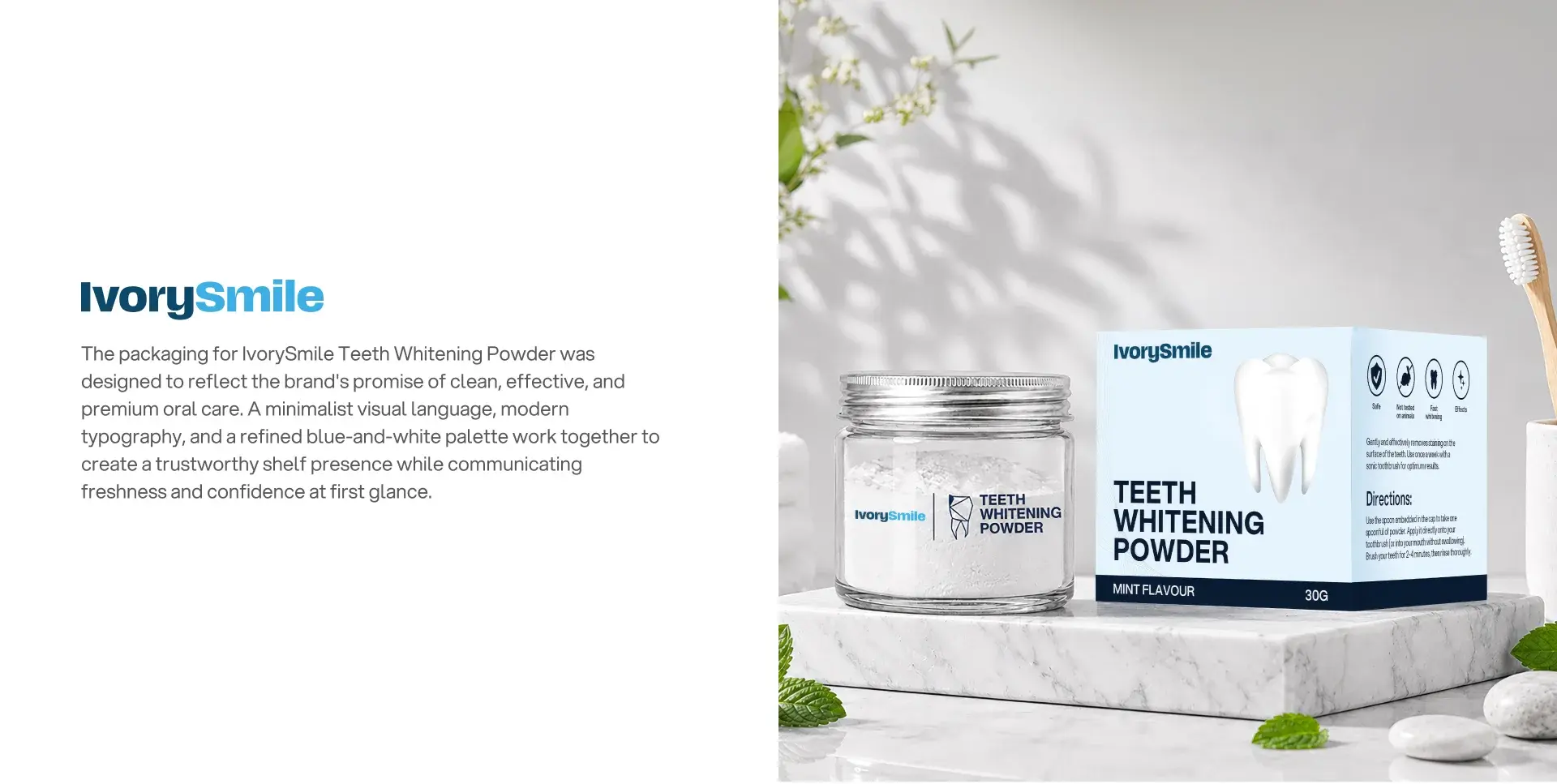 Overview slide: the jar and box on marble with the brand promise of clean, effective, premium oral care
