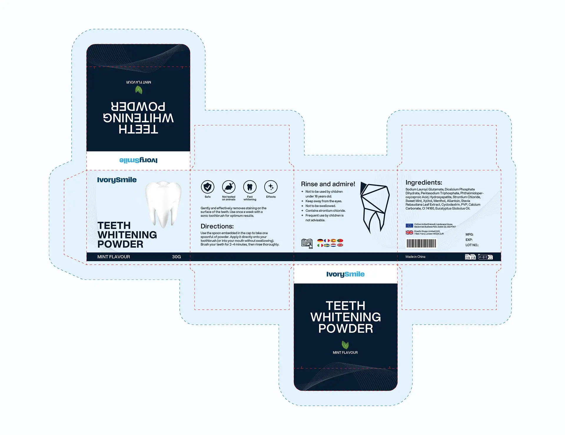 Full structural dieline of the IvorySmile box with directions, ingredients and multi-language panels