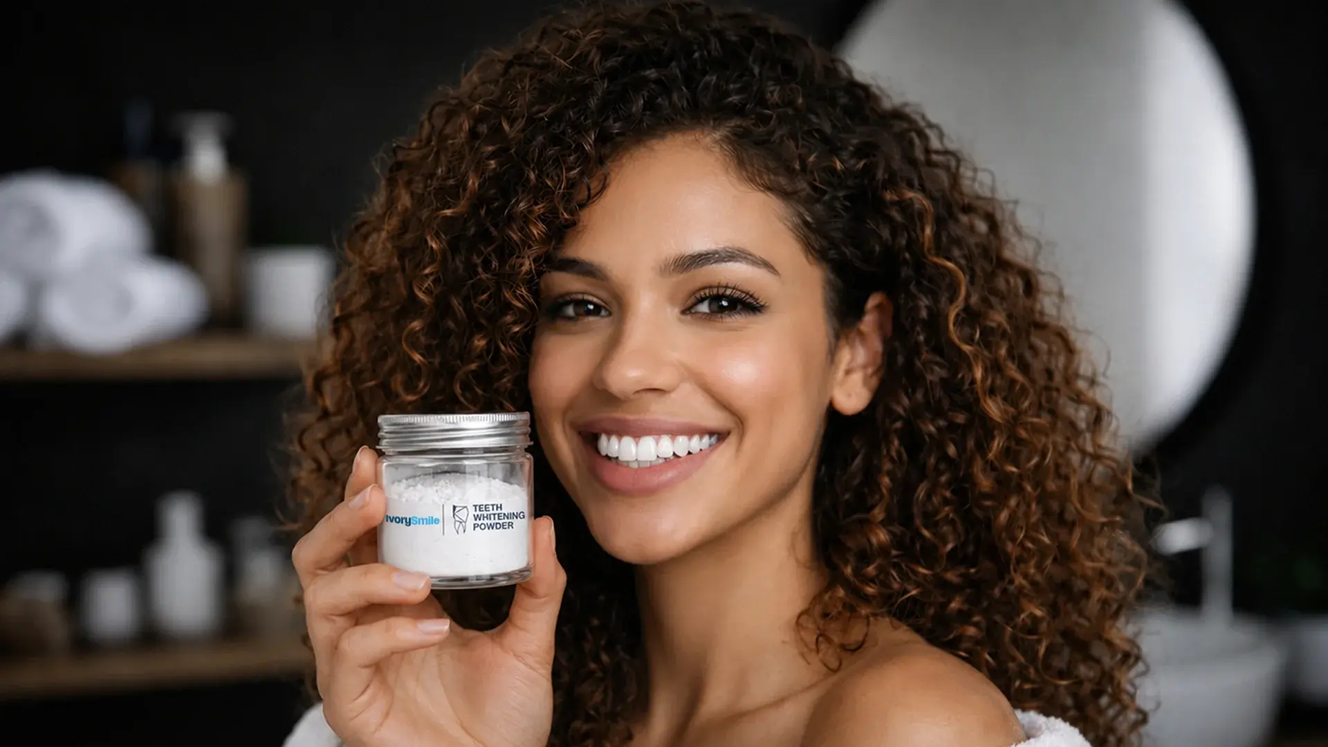 Model holding the IvorySmile jar in a bathroom, smiling