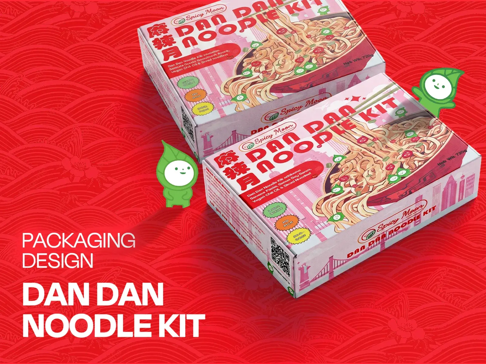 Title slide: two Spicy Moon Dan Dan Noodle Kit boxes with the playful pink and red design