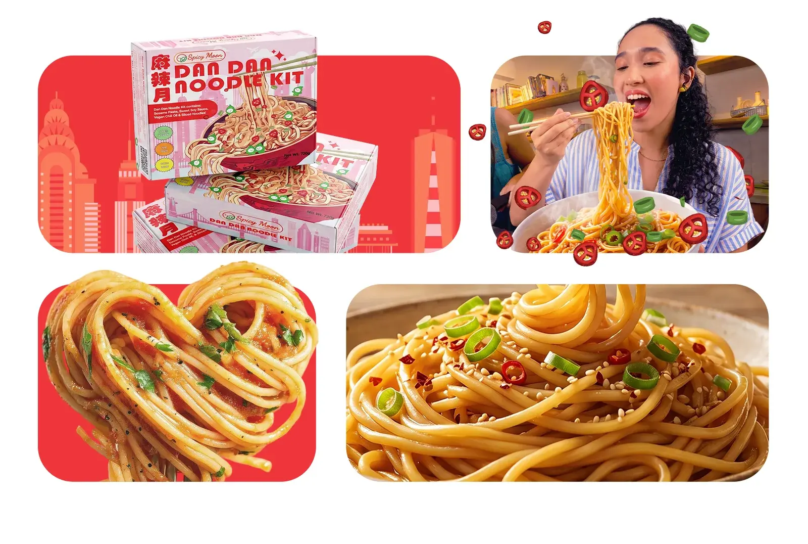 Collage: the boxes on a red panel, a woman eating noodles, a heart-shaped noodle twirl and a close-up bowl